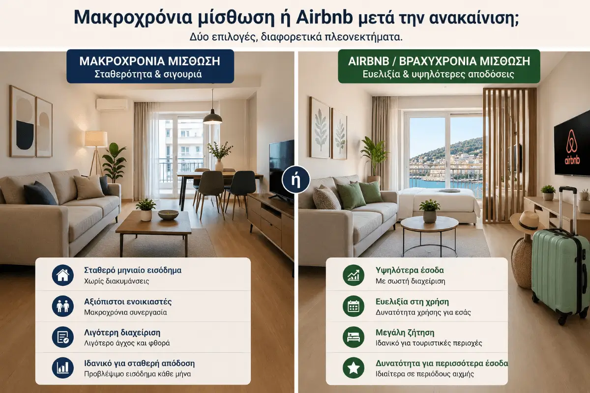 Σύγκριση μακροχρόνιας μίσθωσης και Airbnb μετά από ανακαίνιση κατοικίας στα Μεσόγεια και την Ανατολική Αττική