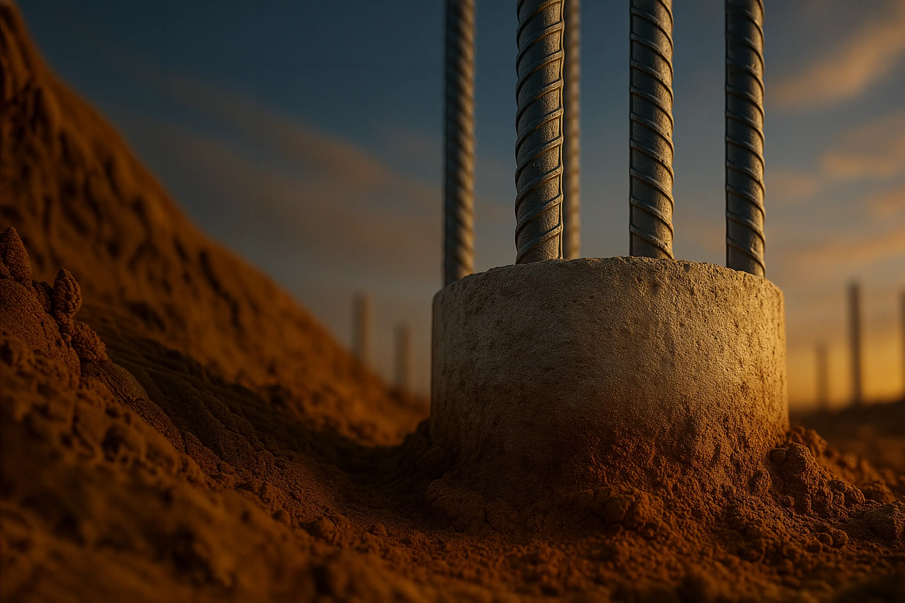 Detalhe de fundação profunda em concreto armado, com estacas emergindo do solo, representando a base estrutural de uma obra executada com precisão técnica.