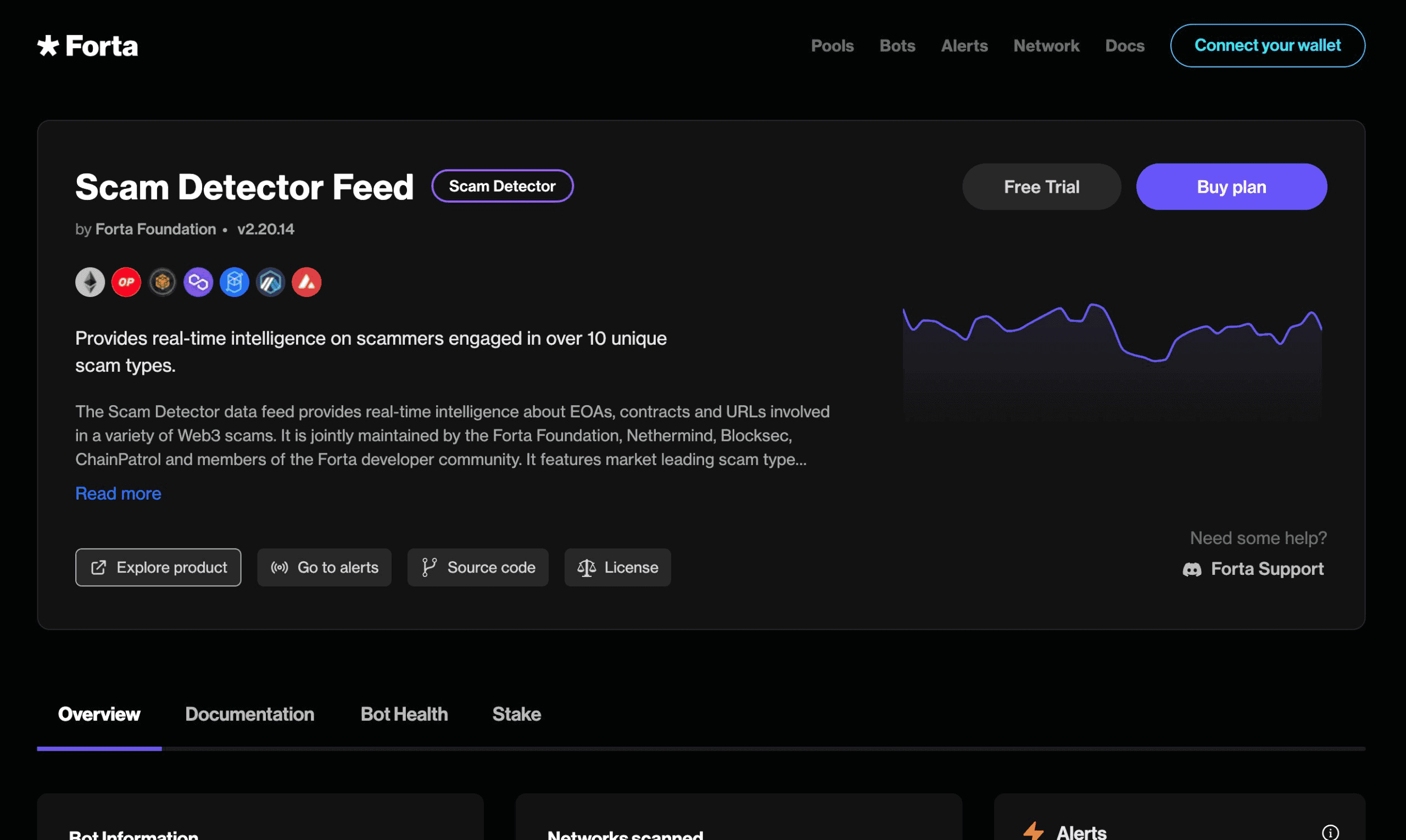 a screenshot of Forta's main page showing their scam detector feed, which provides real-time intelligence on scammers