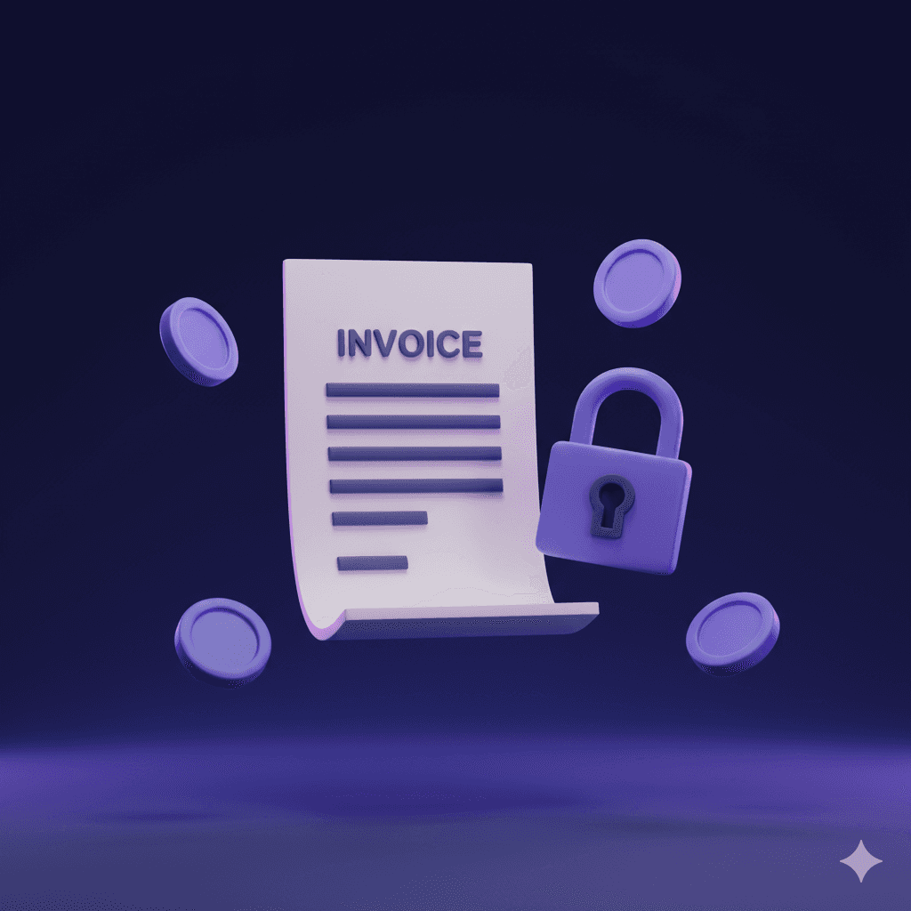 A glowing invoice with a purple padlock and floating coins against a dark navy background, representing a freelancer recovering unpaid fees through contract clauses