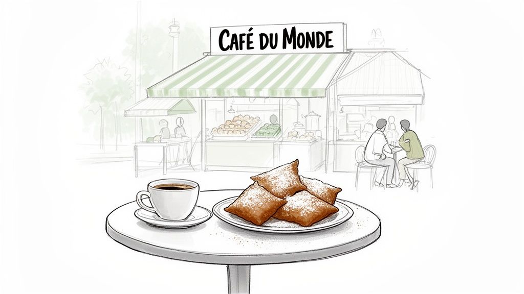 An illustration of Café Du Monde in New Orleans, with beignets and coffee on a table.