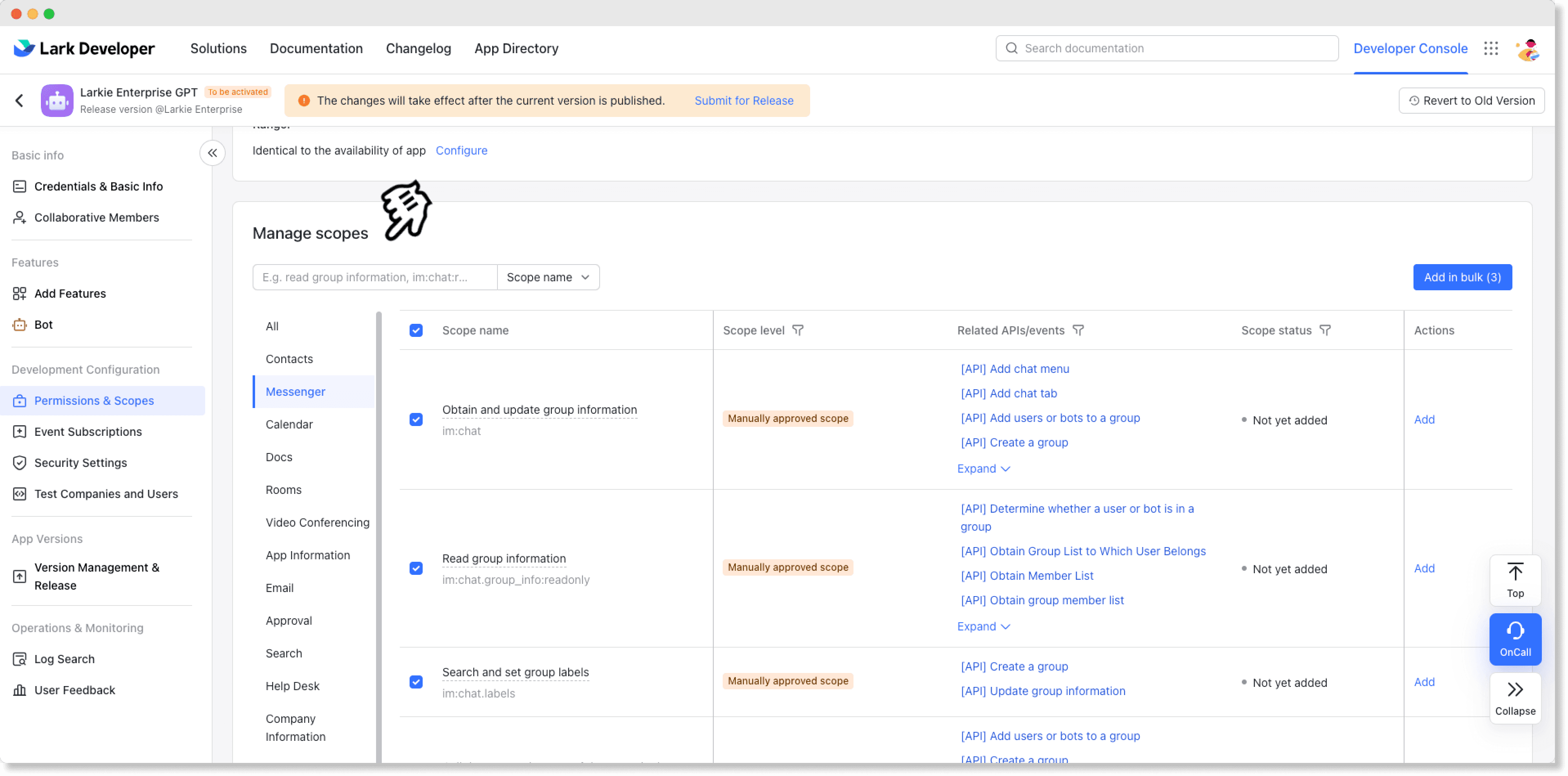 On Lark Open Platform, you can turn on the relevant permissions across docs, chats, sheets, Base, and more in order for OpenAI to read the information it needs to react to.