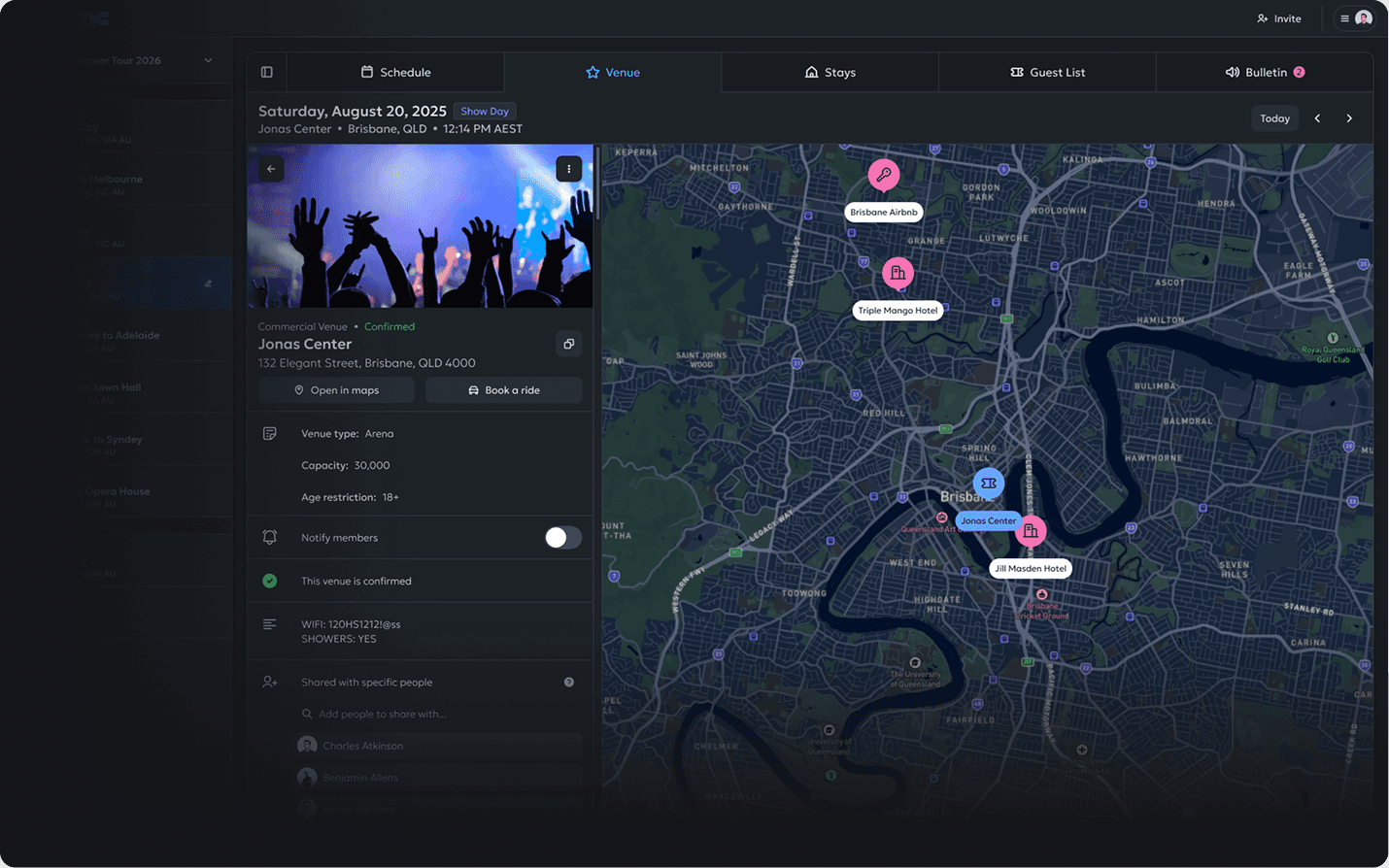 The DaySync tour management web app, showing the detailed 