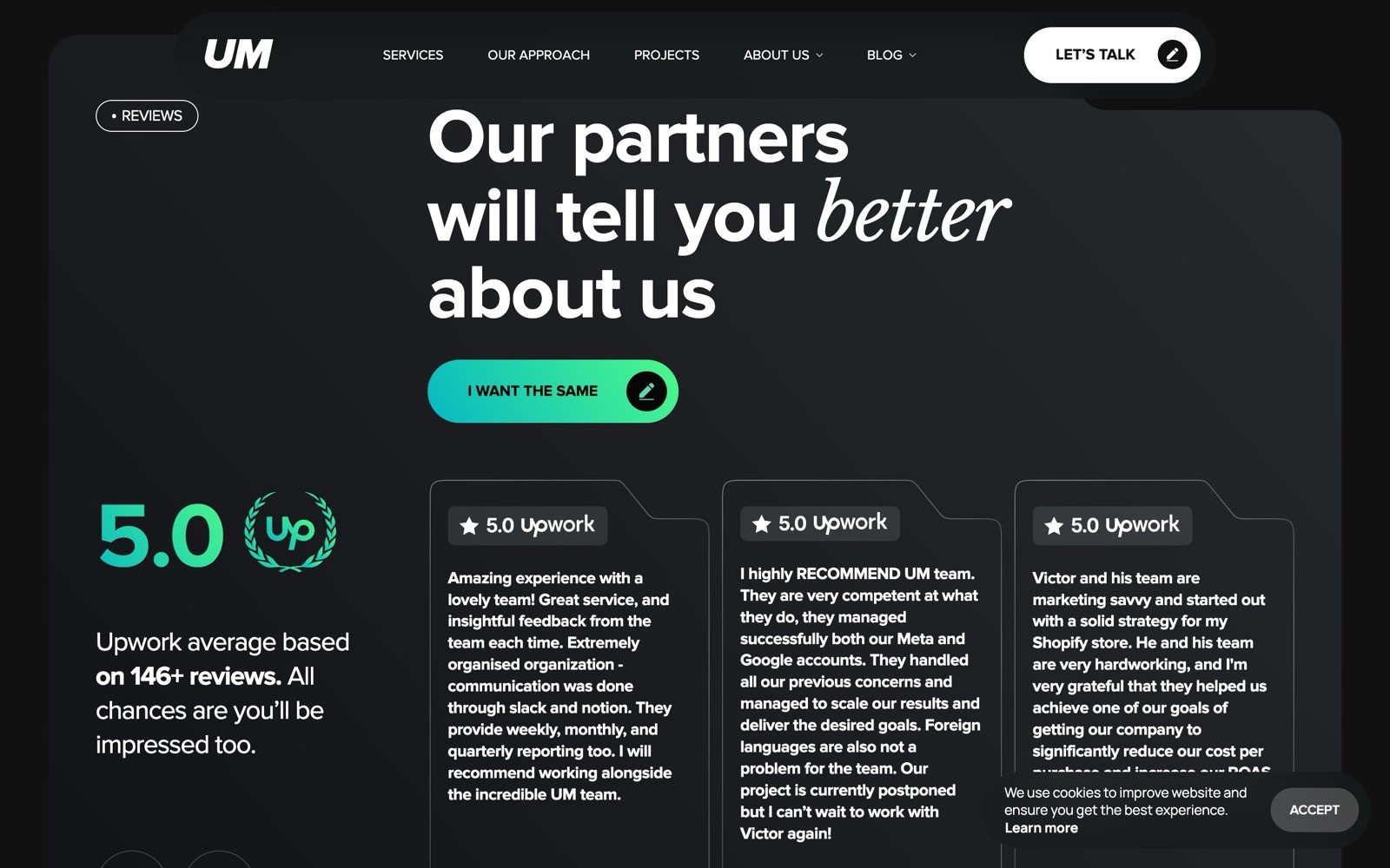 Dark webpage with white text: "Our partners will tell you better about us." Reviews section with ratings and testimonials.