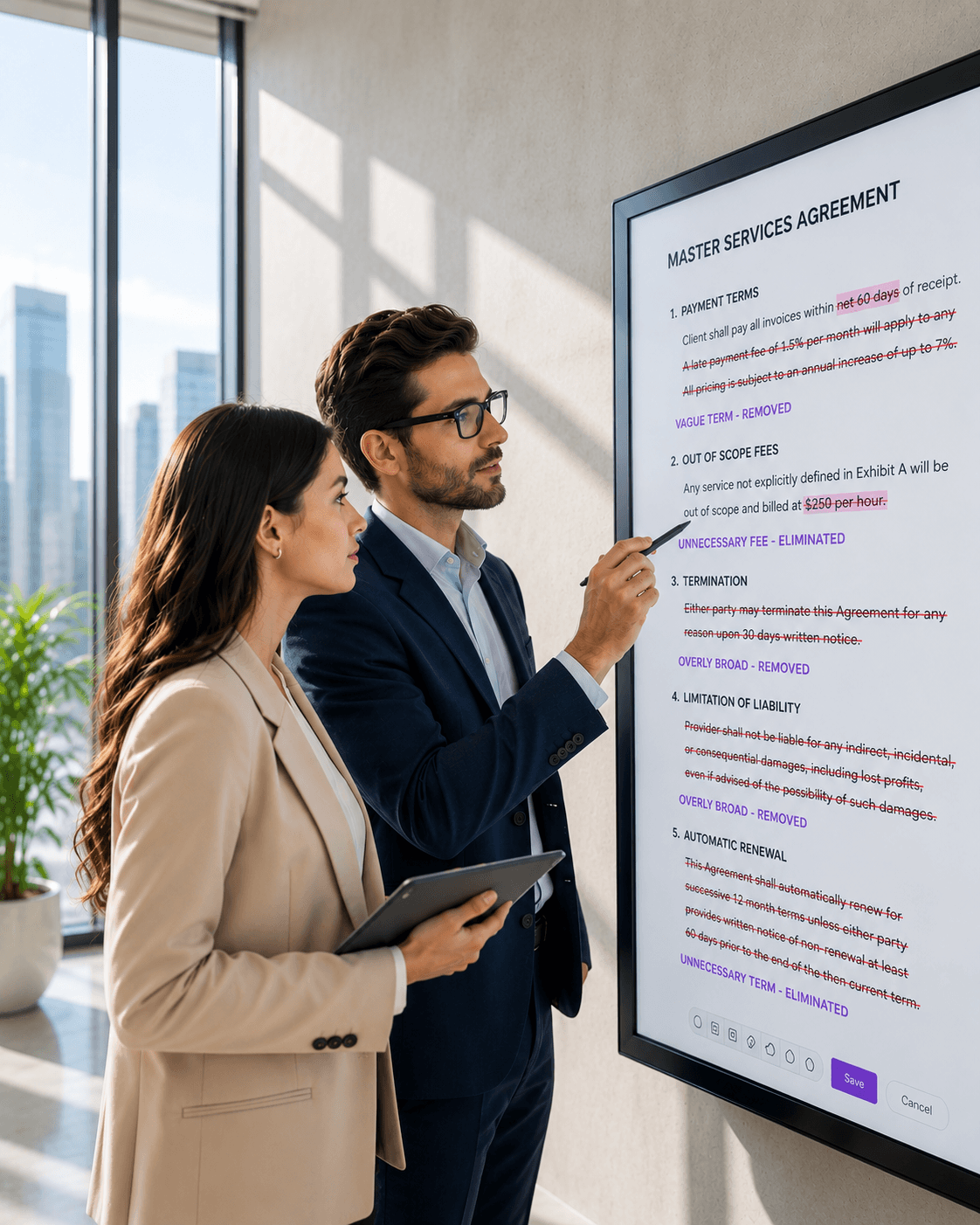 Consultants identifying unnecessary fees and unfavorable terms in a master services agreement.