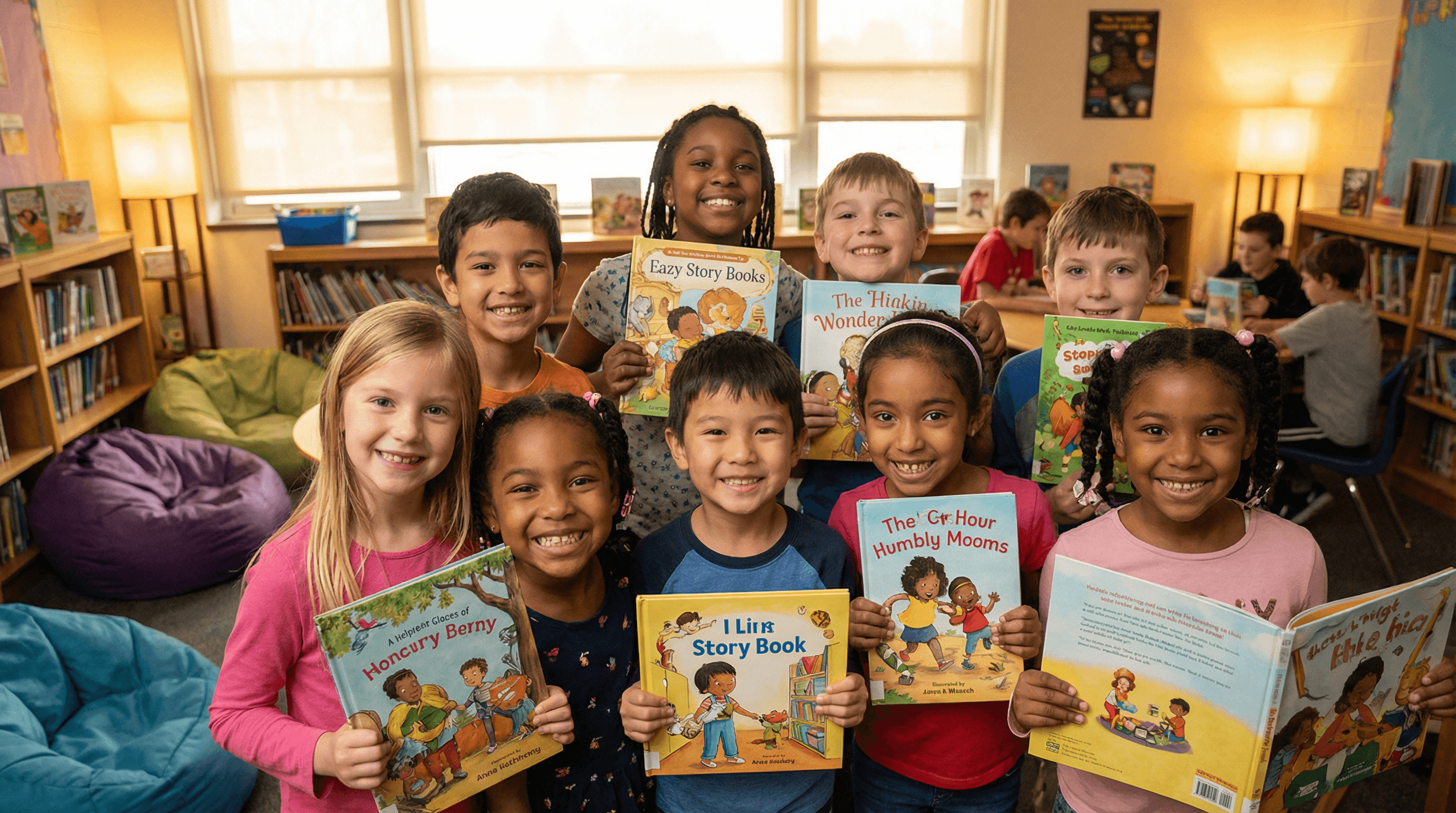 Children reading books in a classroom setting