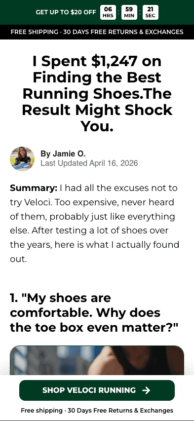 Veloci Footwear: landing page screenshot