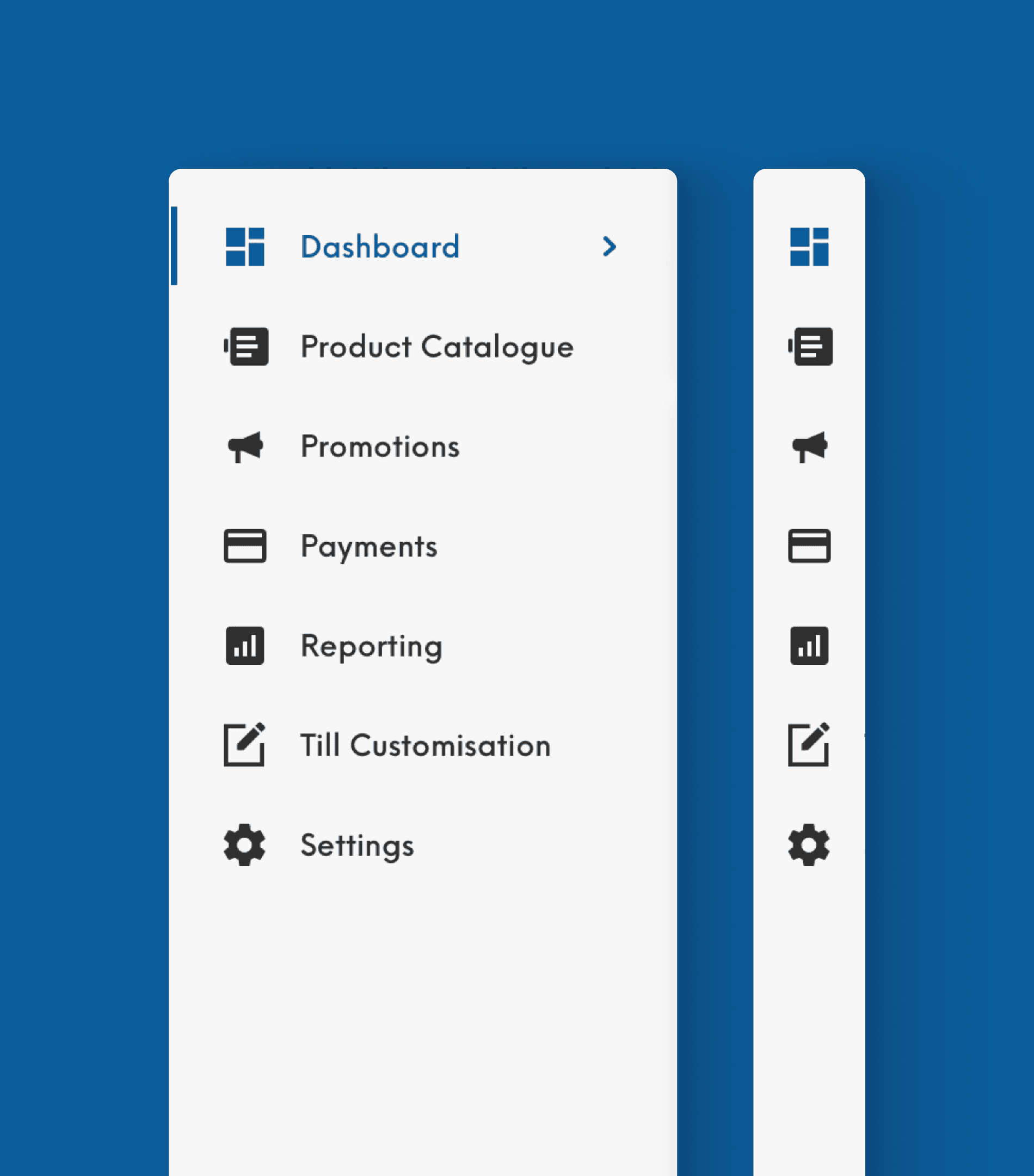 Akru admin dashboard sidebar navigation featuring product catalogue, payments, reporting, and till customisation