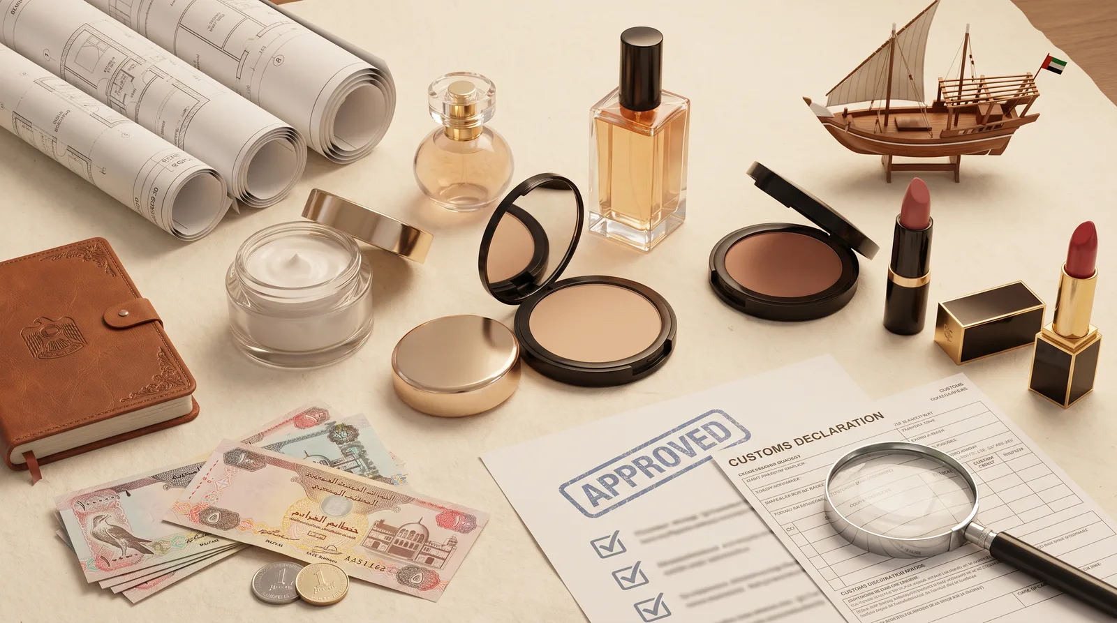 Starting a Cosmetics Import Business in Dubai beside shipping containers and a customs declaration at a Dubai port