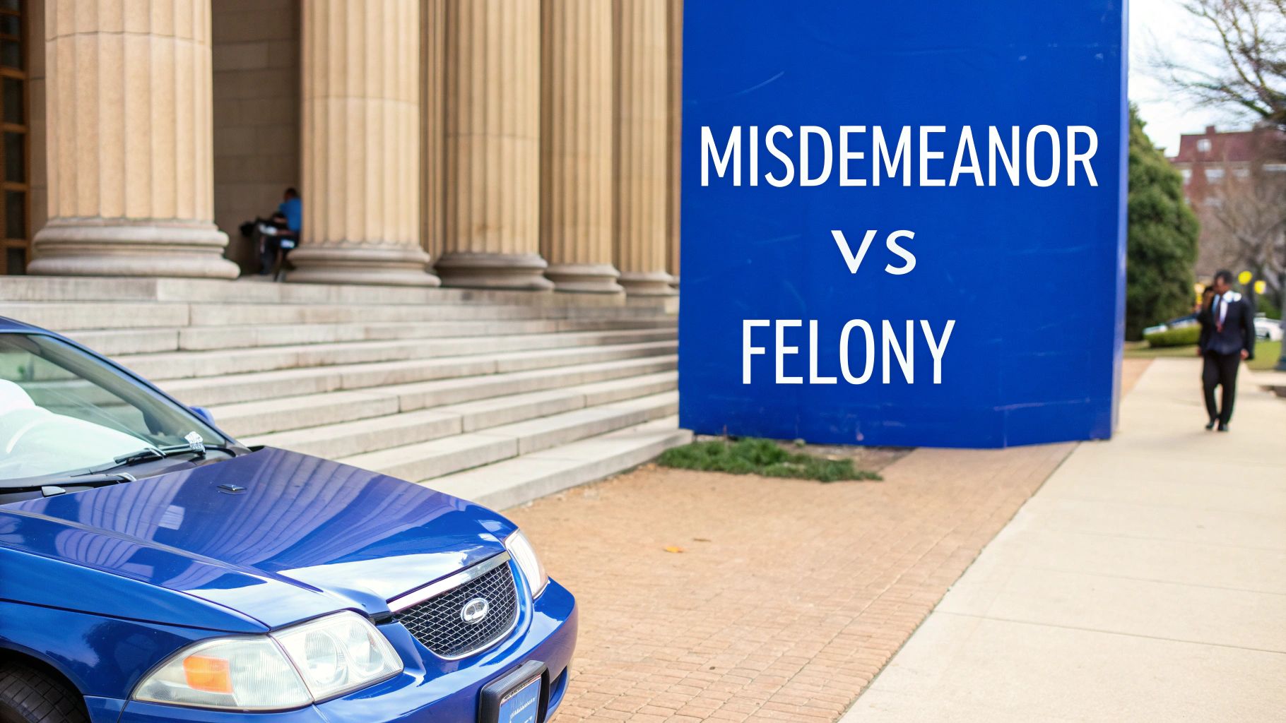 A blue car parked near a courthouse with a sign explaining 'MISDEMEANOR VS FELONY'.