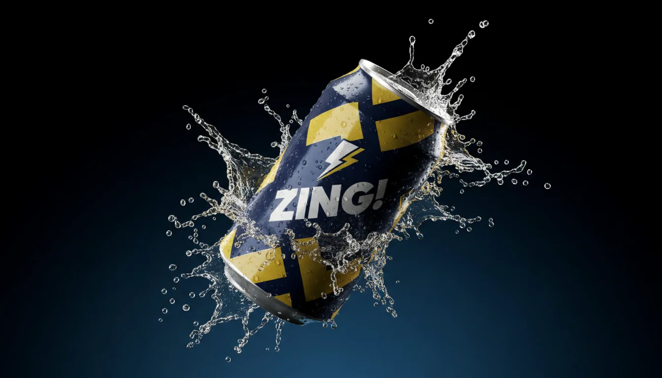 Hyper-realistic 3D render of a wet aluminum soda can with a generic yellow and blue design, captured in frozen motion as it splashes through water. The can is angled, suspended mid-air, and surrounded by a dynamic explosion of crystal-clear droplets. Dramatic, high-contrast studio lighting creates sharp highlights on the metallic surface and the individual water splashes against a clean studio backdrop with a black to deep blue gradient.