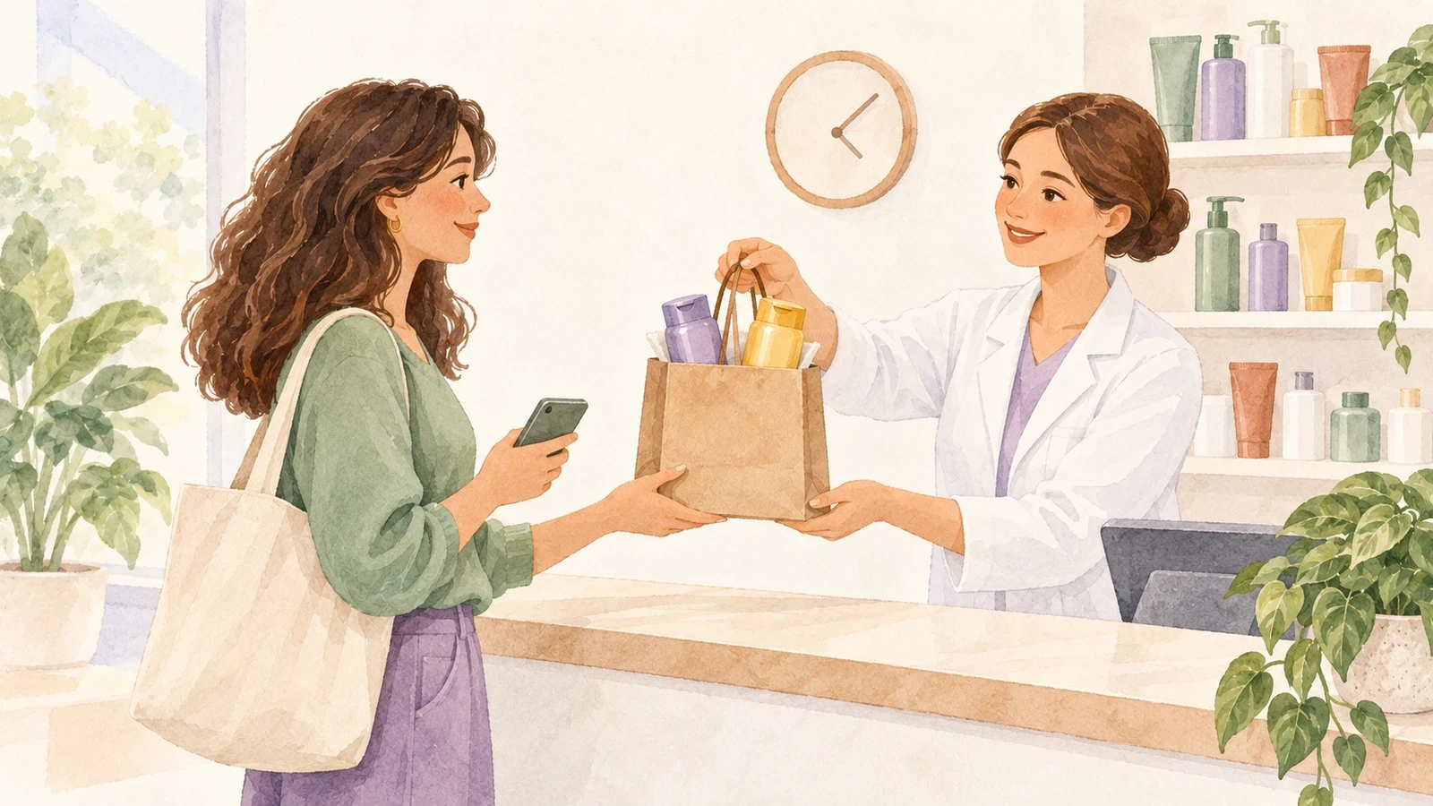 Ilustração em aquarela digital mostrando uma cliente recebendo compras na farmácia, representando a retirada de um pedido online.
