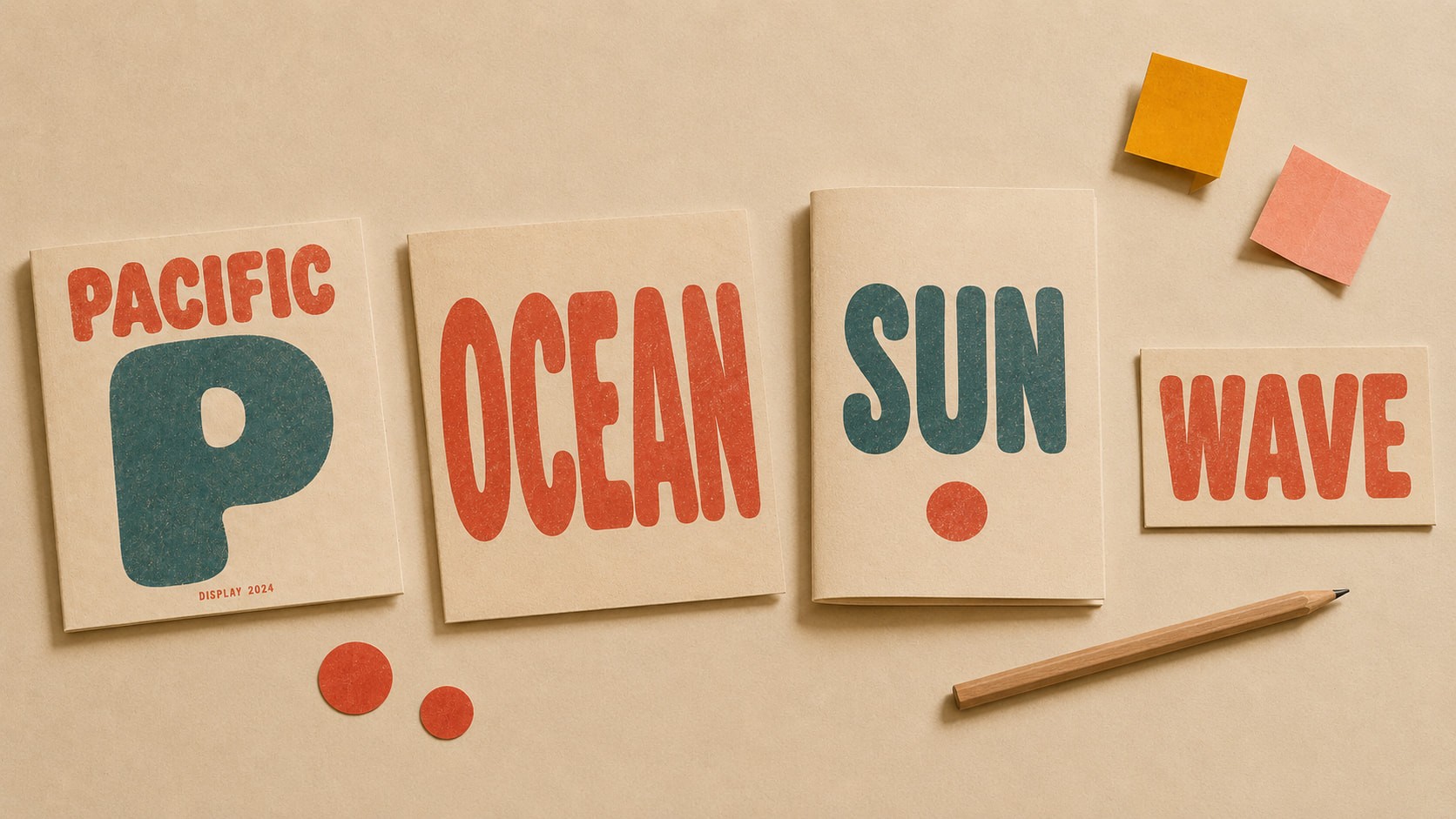 Retro-inspired stationery set featuring “PACIFIC,” “OCEAN,” “SUN,” and “WAVE” typography designs in bold coral and blue on textured beige paper, arranged with minimalist desk accessories.