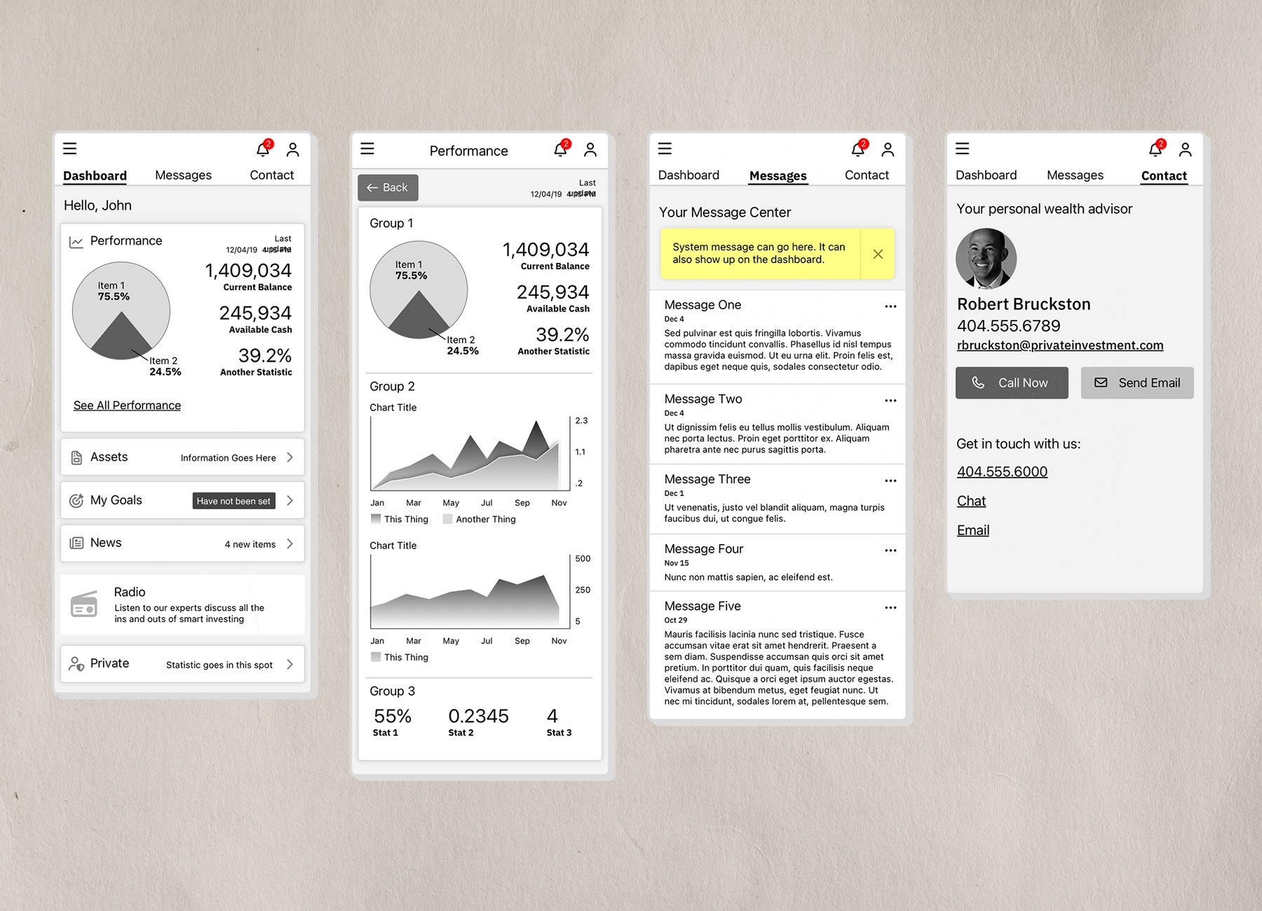 Four App Wireframe Screens