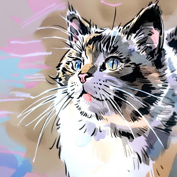 Artistic AI pet cartoon rendering of a calico cat with striking blue eyes against a soft pastel background. The digital illustration emphasizes the feline's distinctive facial markings and whiskers through refined brushstroke techniques, showcasing the sophisticated capabilities of modern AI pet transformation technology. This portrait exemplifies how AI filters can convert standard pet photographs into gallery-quality digital art while preserving the animal's unique characteristics and capturing their contemplative expression. The aesthetic quality demonstrates the advancement of AI-powered pet portraiture for personalized digital art creation.