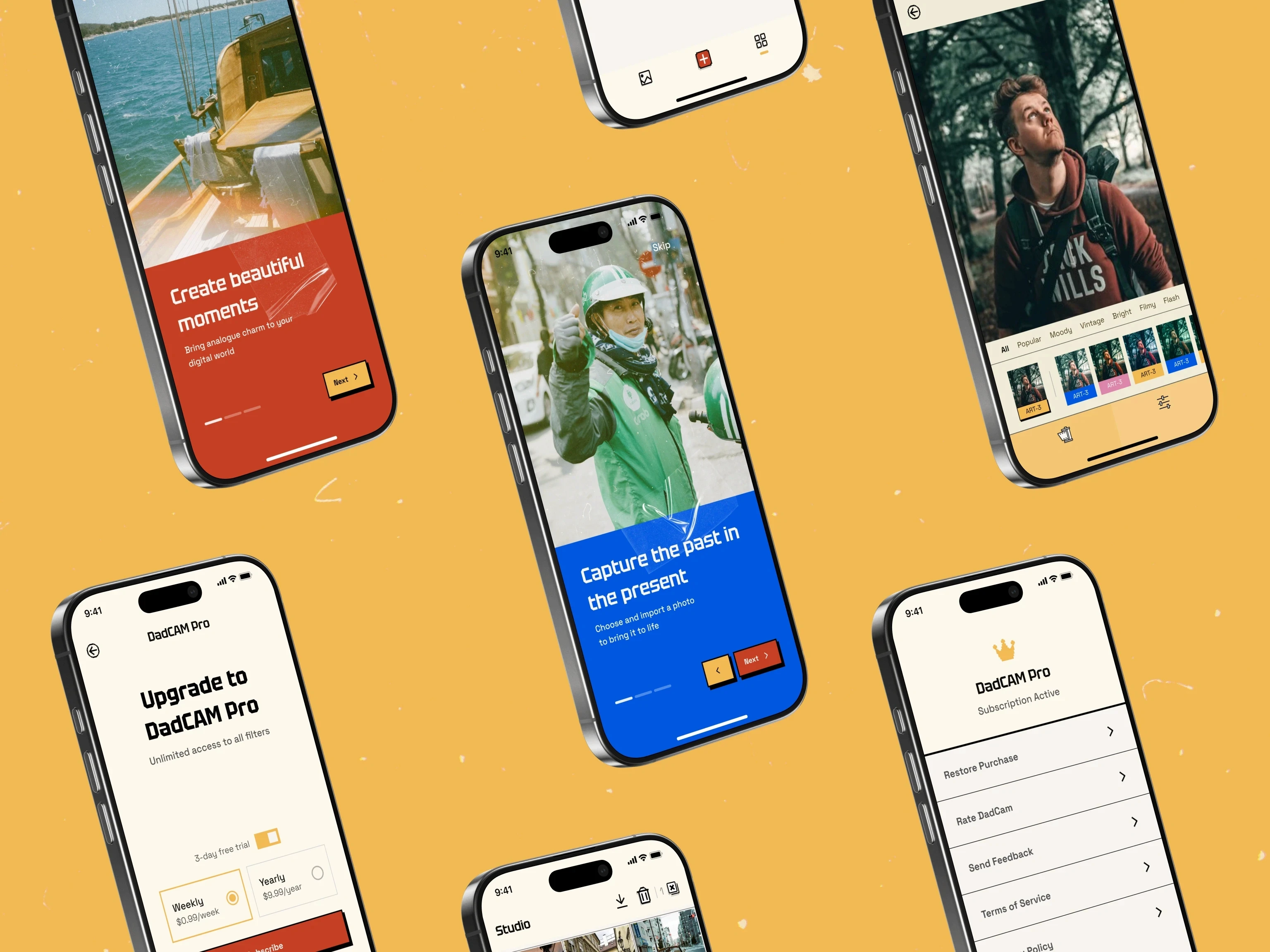 DadCam family media app interface screens