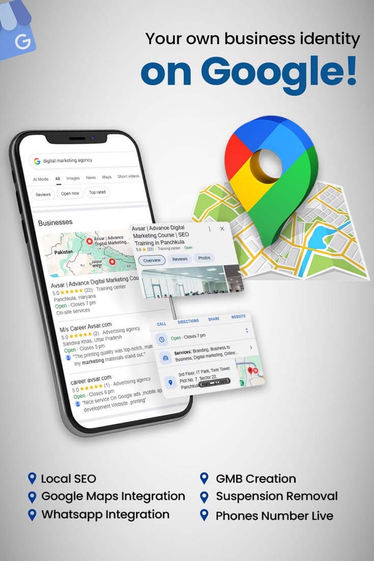 Google Maps displaying nearby local business listings.