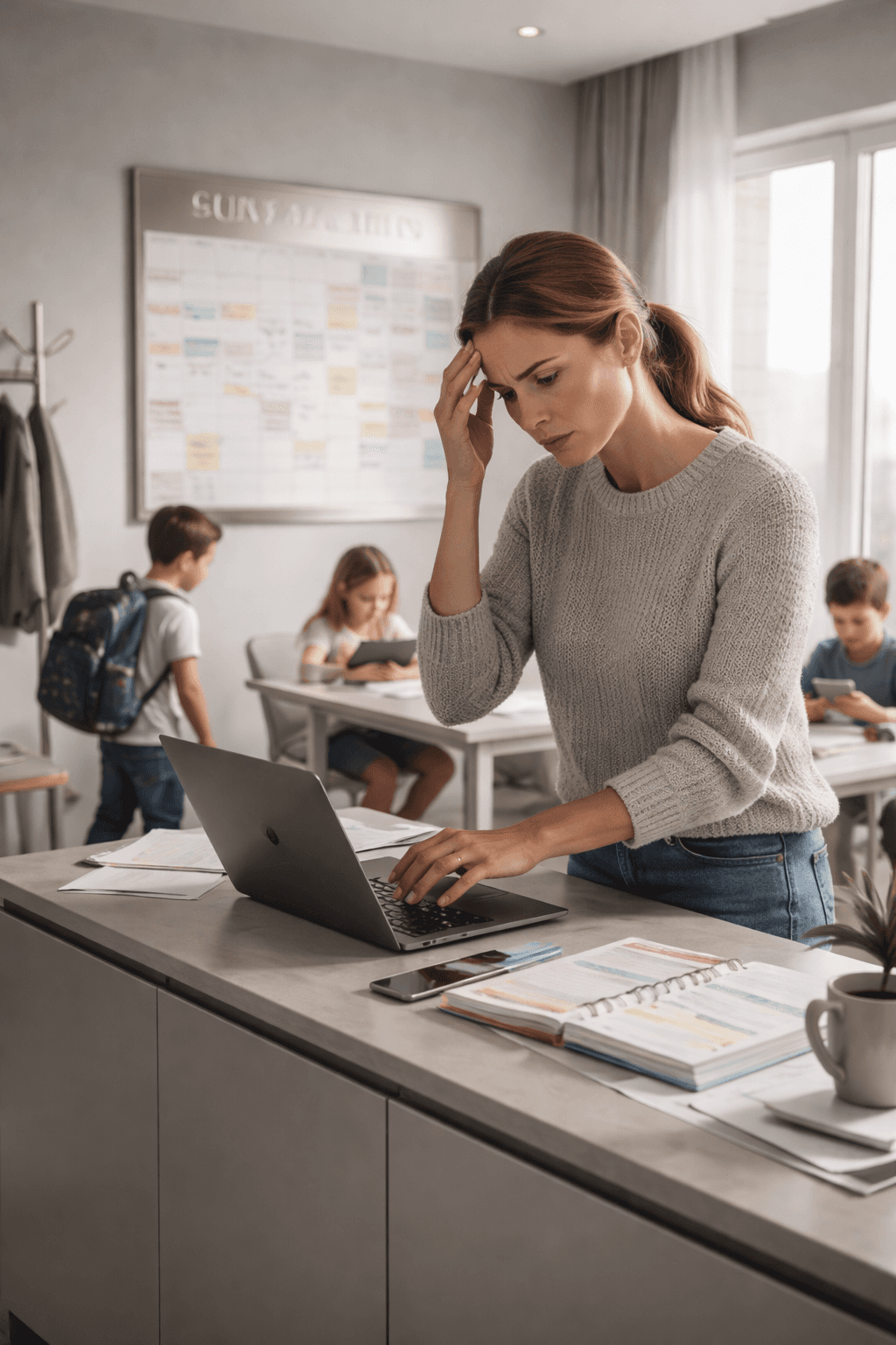 Mutter arbeitet im Homeoffice am Laptop in der Küche, während ihre Kinder im Hintergrund Hausaufgaben machen – Darstellung des Alltags zwischen Arbeit und Familie