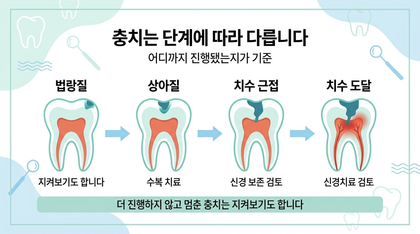 충치 진행 단계별 치료 방향 인포그래픽