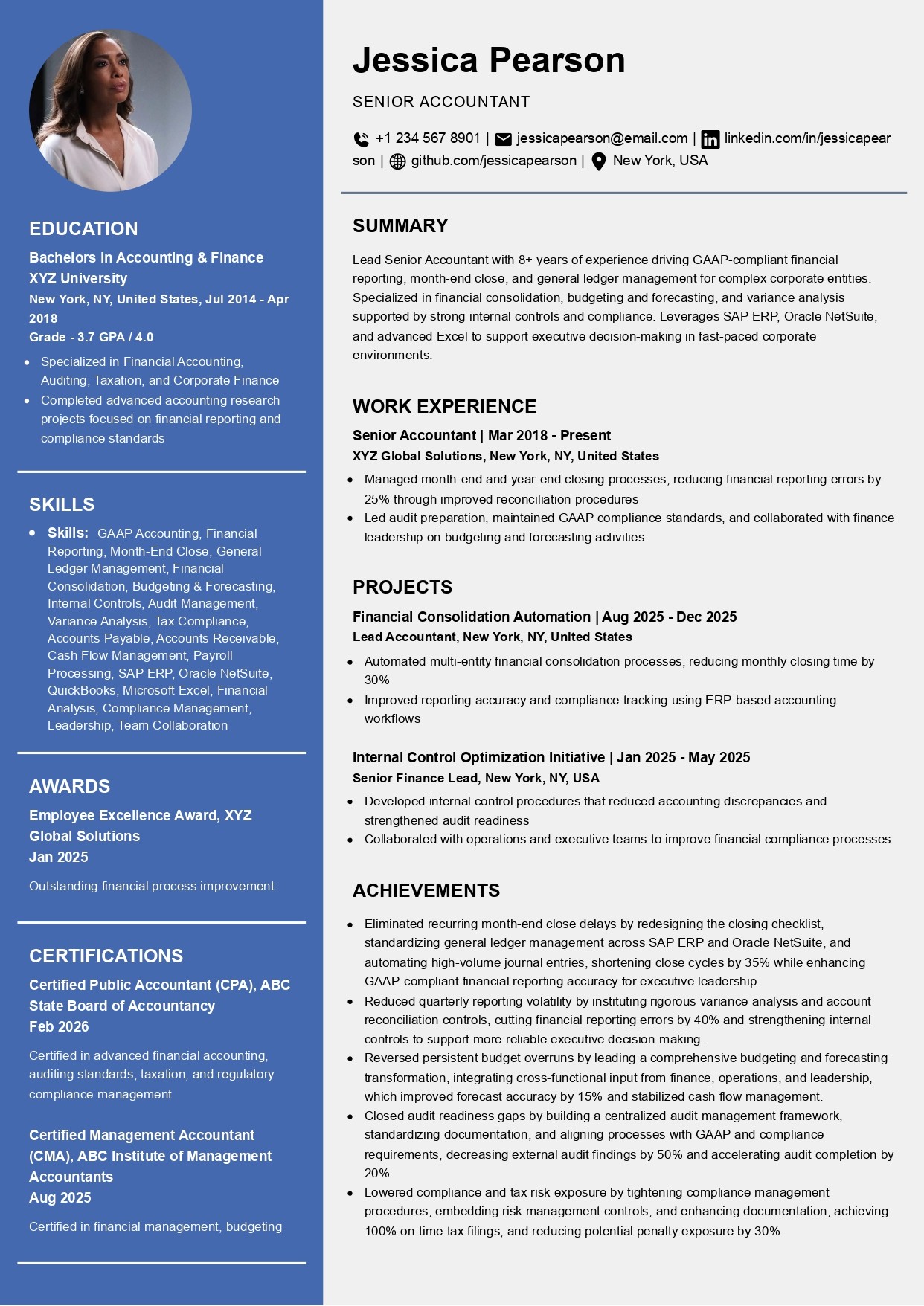 Accountant resume summarizing skills and achievements at a glance