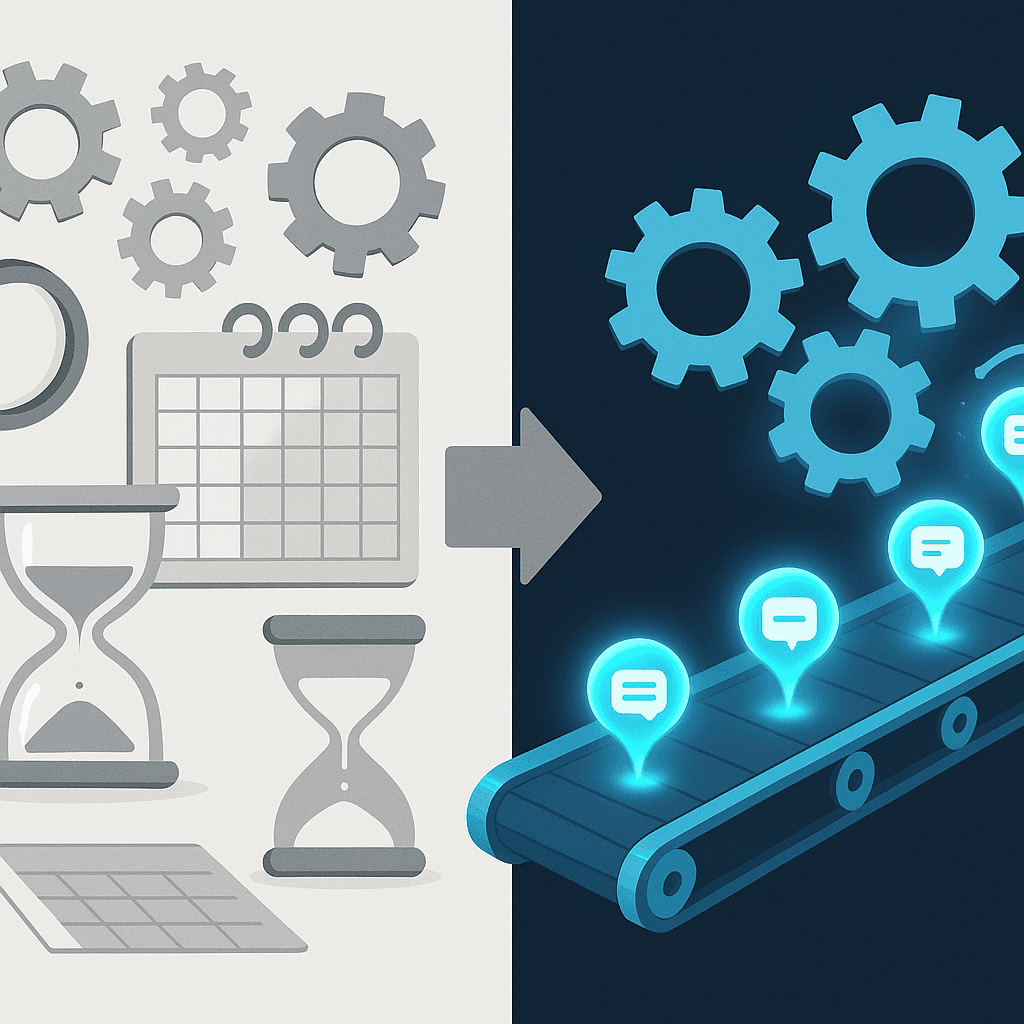 Manual SEO gears contrasted with streamlined AI search conveyor showing shift to hands-off automation