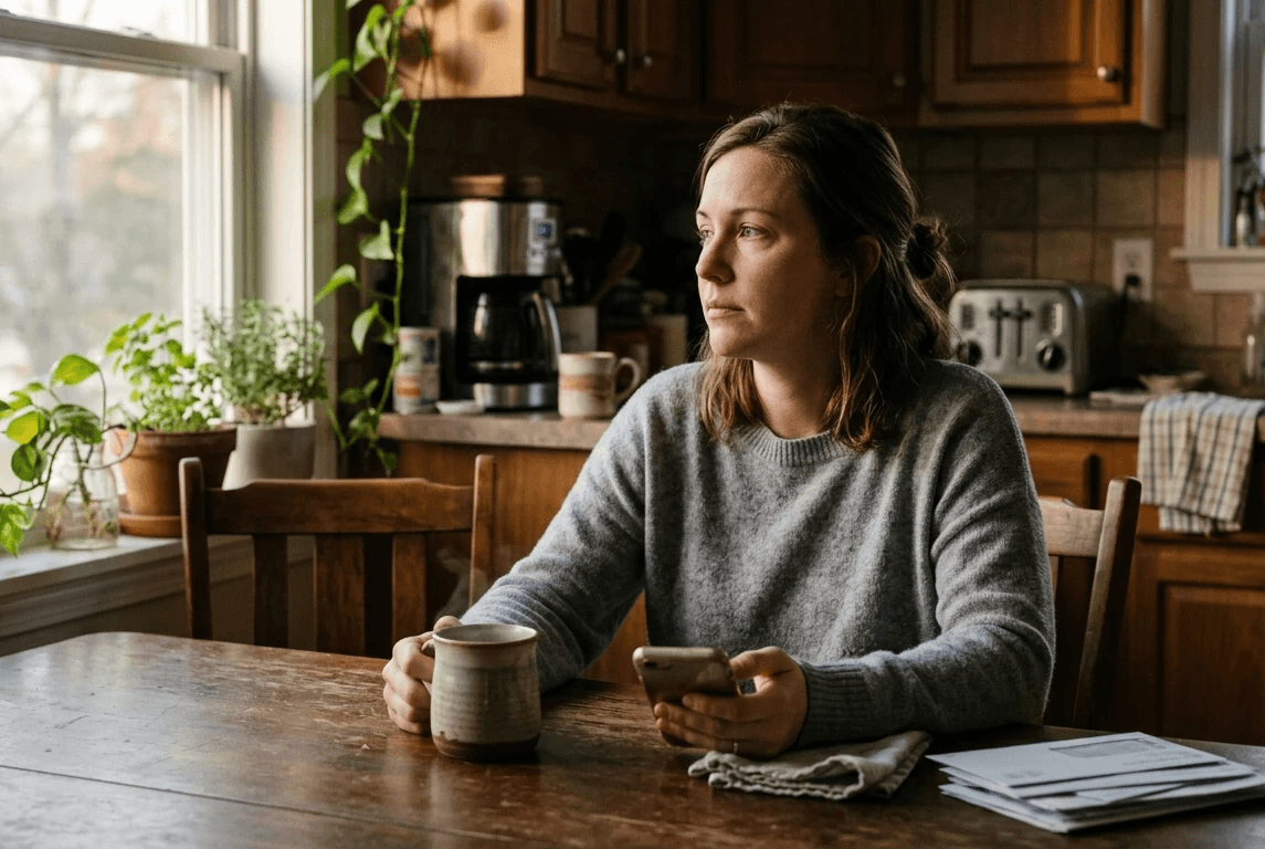 A tired mother sits alone at the kitchen table in the early morning, holding her phone, carrying the invisible weight of being the default parent.