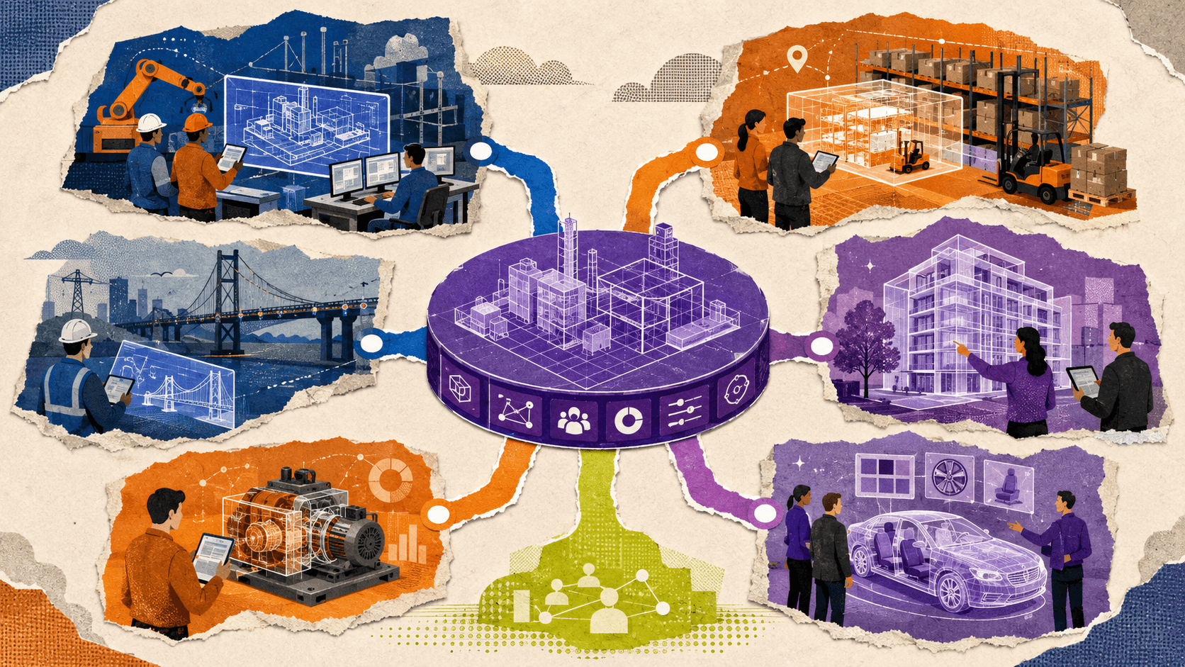 Six digital twin use cases connected to a central hub, including manufacturing, logistics, infrastructure, real estate, equipment, and product showrooms.