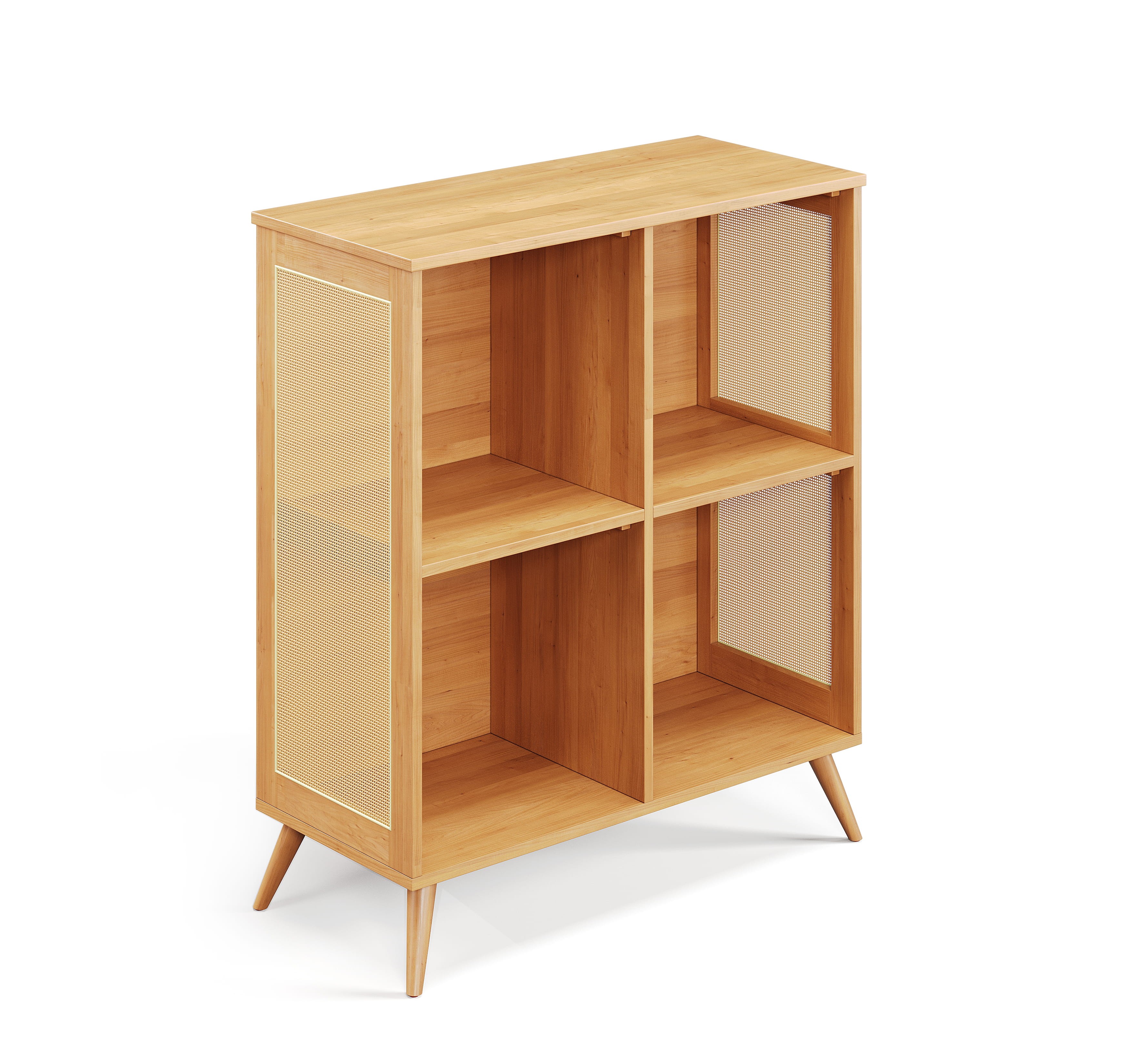 Angled view 3D render of rattan display unit with four compartments and wooden frame