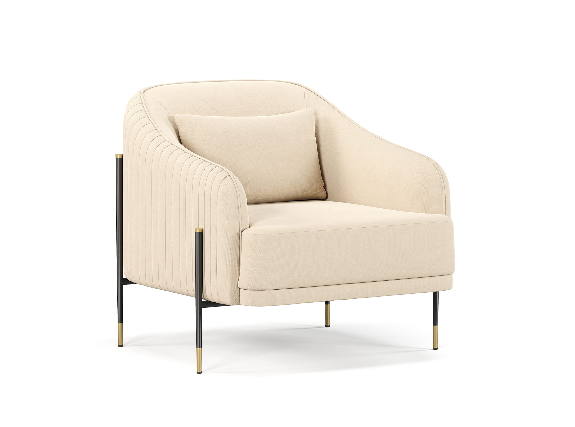 Modern accent chair 3D render with soft upholstery and slim metal legs