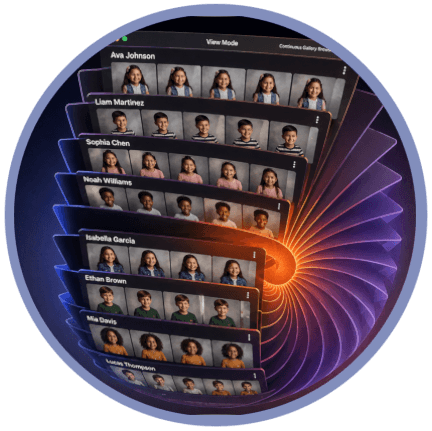 Illustration of Snapizzi View Mode showing continuous scrolling through multiple school portrait galleries, with each student's portrait series flowing seamlessly into the next.