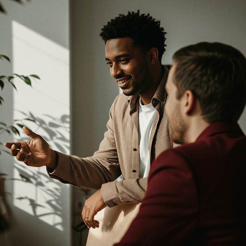 Two men having an animated conversation in a modern office space, one gesturing while speaking and wearing a houndstooth blazer over a white t-shirt, with natural light and a plant in the background.