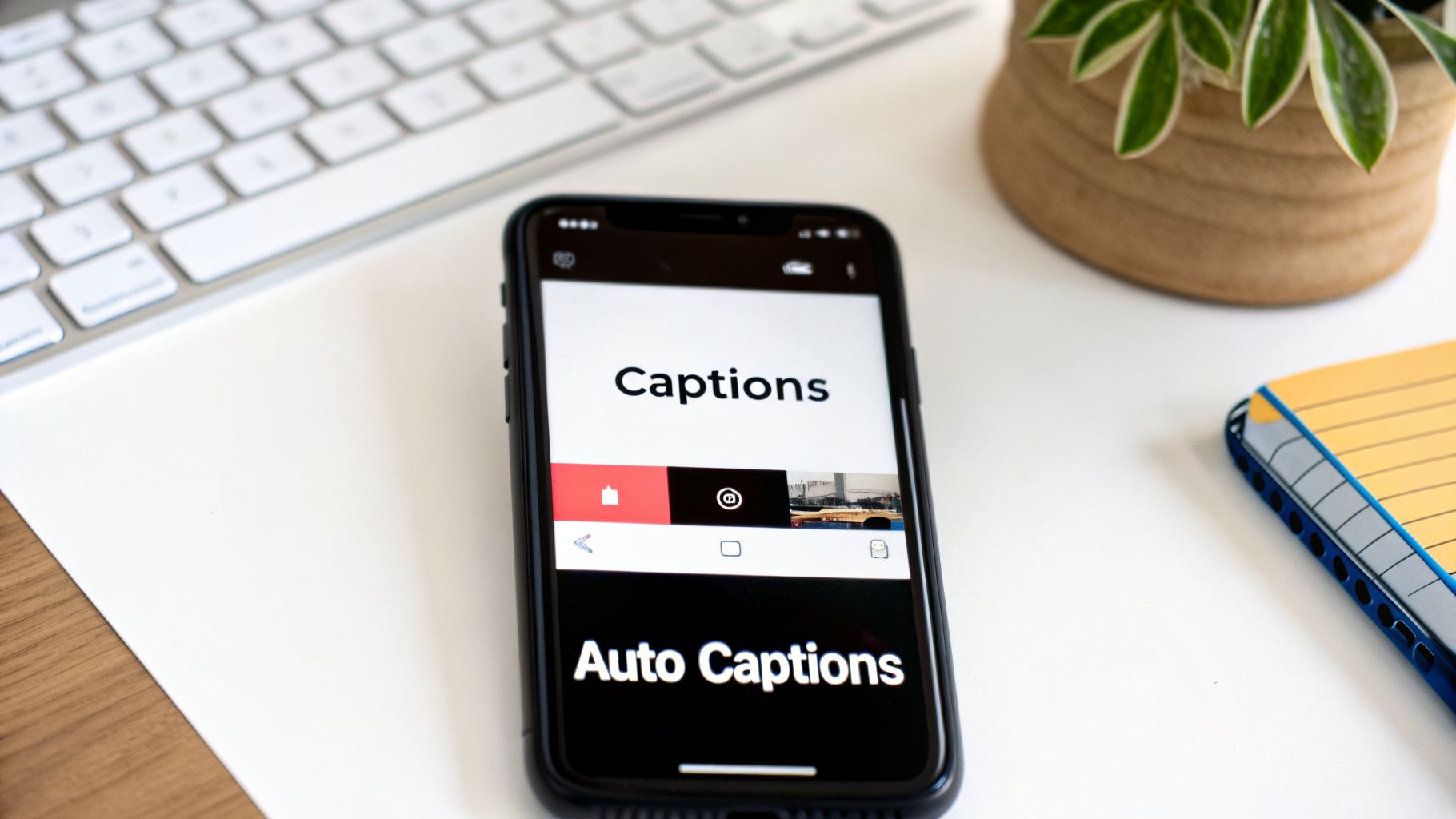 A smartphone displaying 'Captions' and 'Auto Captions' on its screen, next to a keyboard.