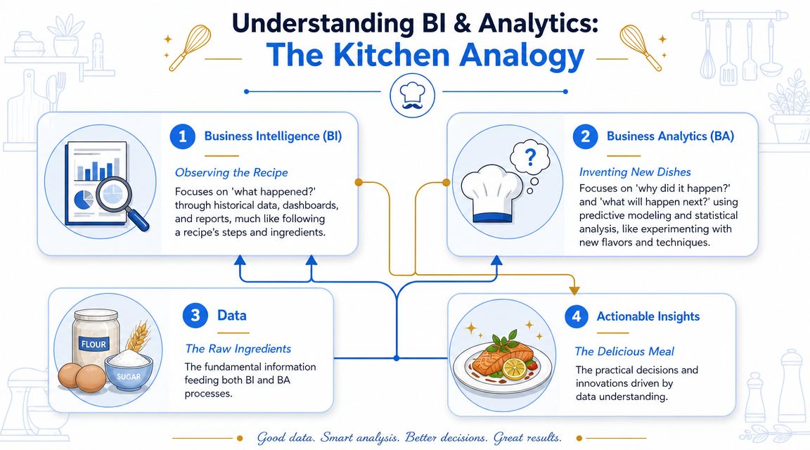 An infographic explaining the concepts of Business Intelligence and Analytics using a kitchen cooking analogy.
