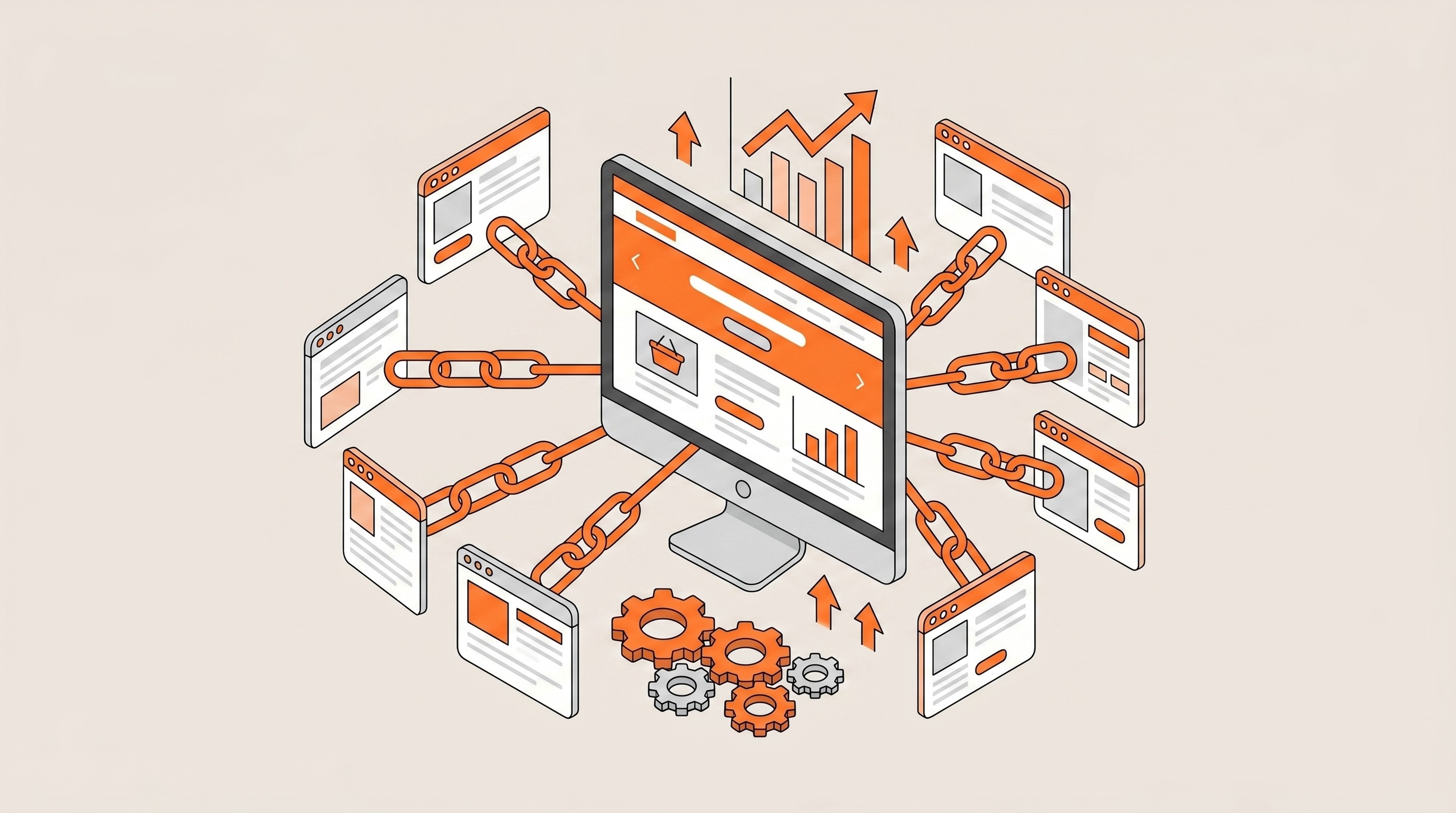 Ilustrasi flat website terhubung ke situs eksternal via rantai, merepresentasikan otoritas dan strategi backlink off-page SEO.