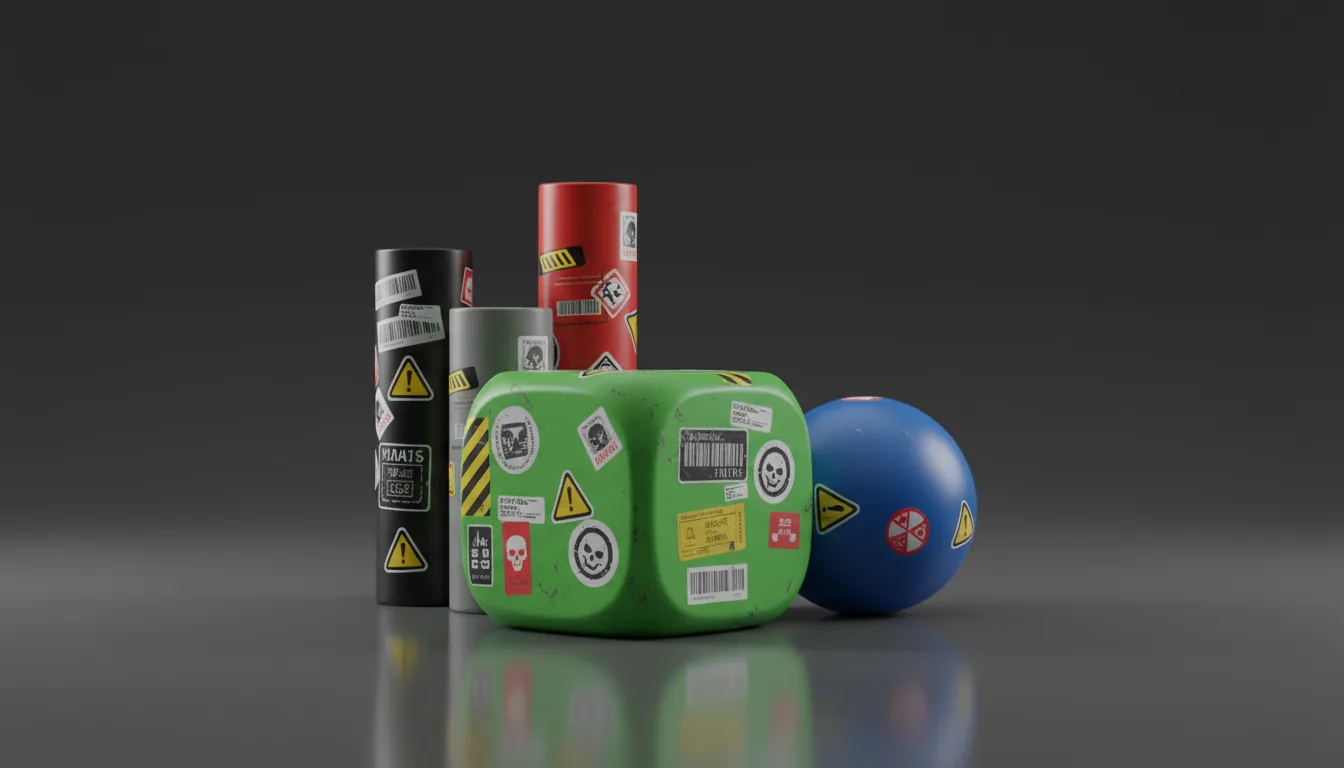3D render, Blender style asset showcase of geometric shapes—cylinders, a rounded cube, and a sphere—made from matte plastic material in black, grey, red, green, and blue. The objects are densely covered in detailed sci-fi industrial decals, warning labels, and technical stickers with barcodes and abstract text. Arranged on a dark grey, slightly reflective studio backdrop with soft global illumination and subtle shadows.