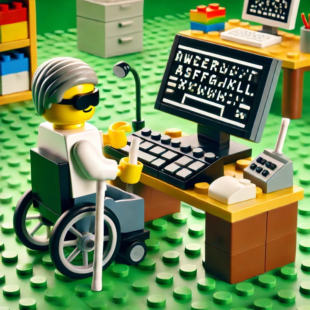 Lego figure of a blind person using a laptop