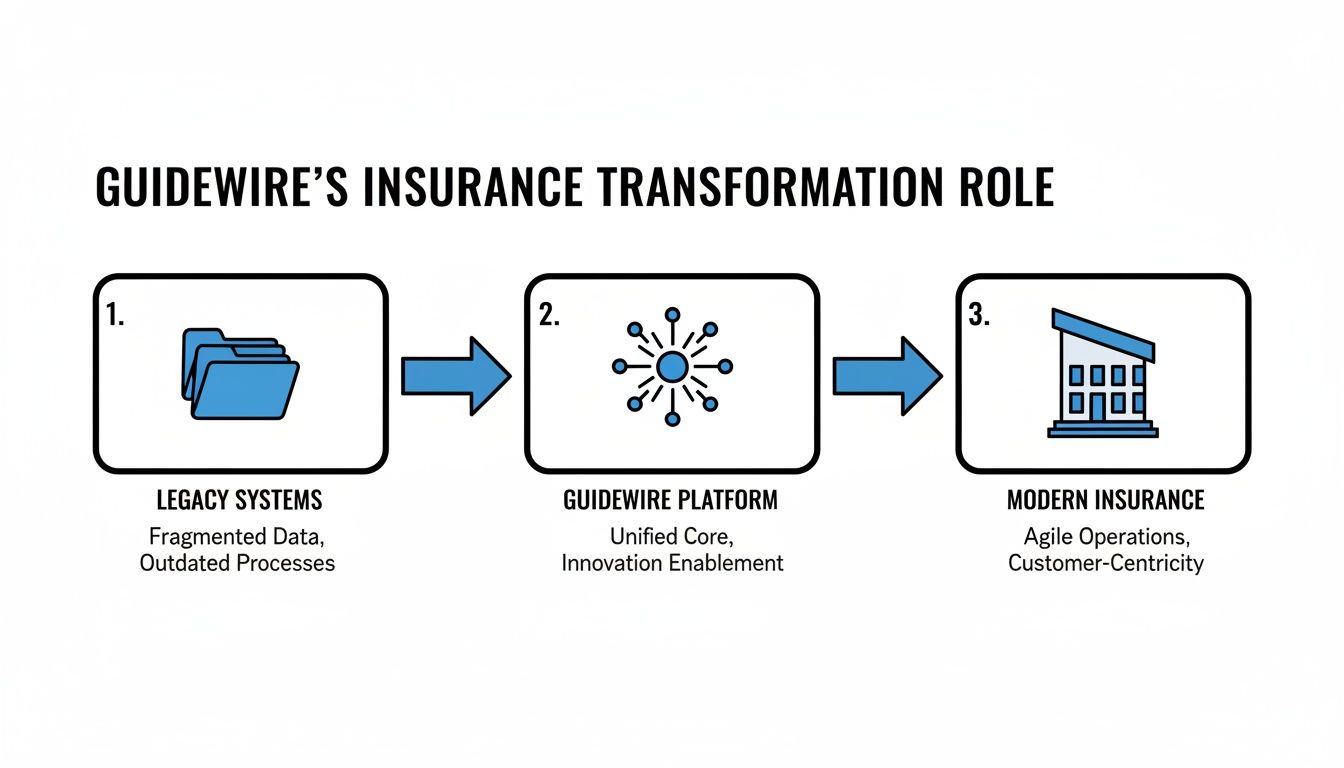 Diagram showing Guidewire transforming legacy insurance systems into modern, agile, customer-centric operations through its unified platform.