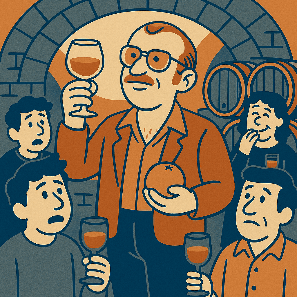 faux sommelier dégustant du jus d'orange devant un public surpris