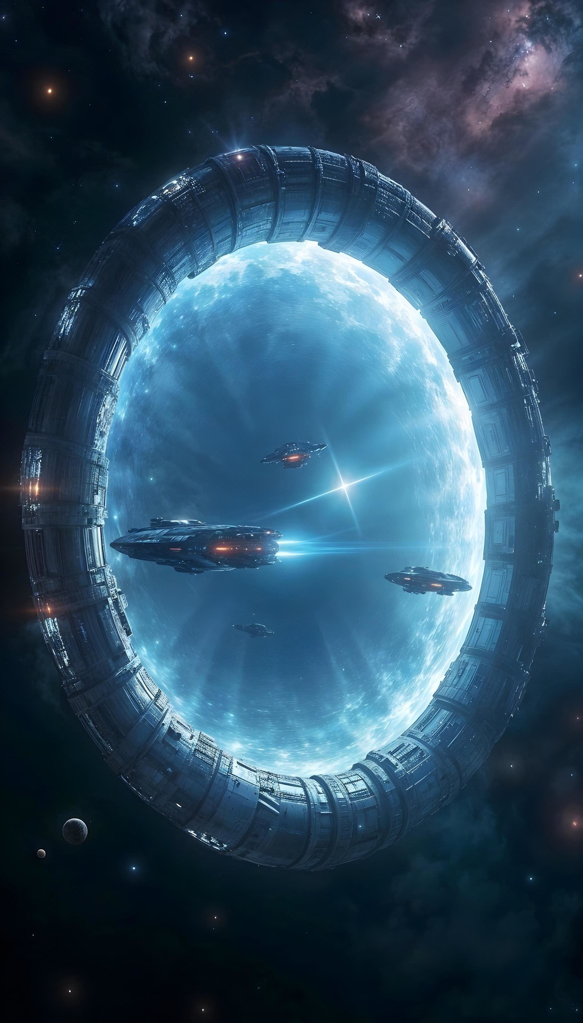 A futuristic scene shows a massive circular space portal in space, backlit by a glowing celestial object. Several spacecraft fly toward or away from the station, with stars and planets visible in the background.