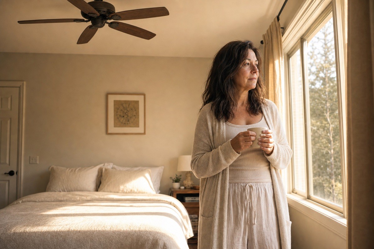 Martha waking up rested, morning light in the bedroom