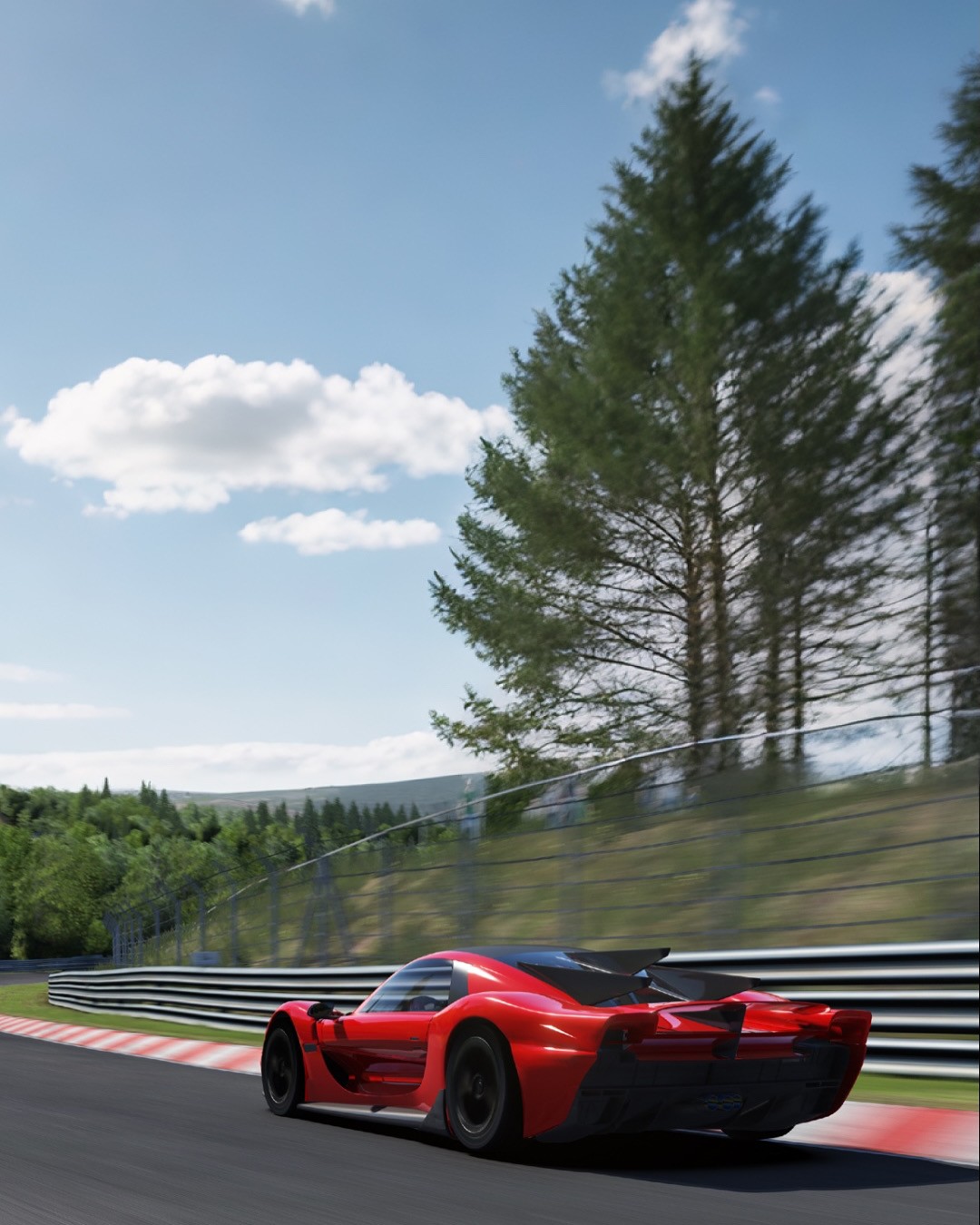 Boutin Belharra 3D Red supercar driving 3/4 back view Nurburgring Nordshleife boutin automobile