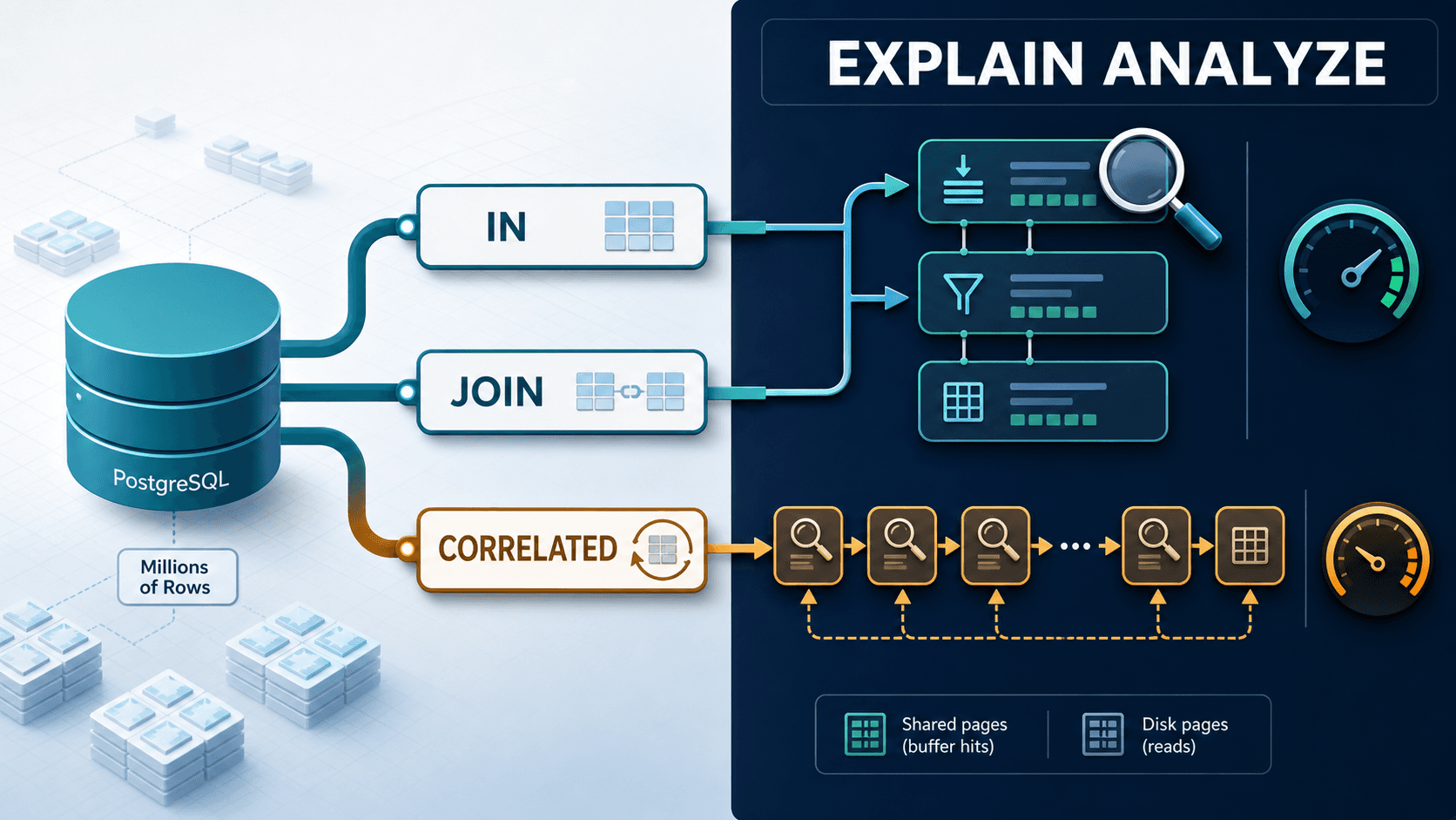 PostgreSQL diagram showing IN and JOIN sharing an efficient execution plan while a correlated subquery performs repeated lookups.