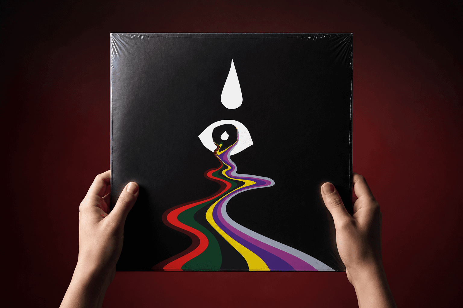 Mockup del álbum Puntos de Vista de Los Acebos sostenido entre dos manos