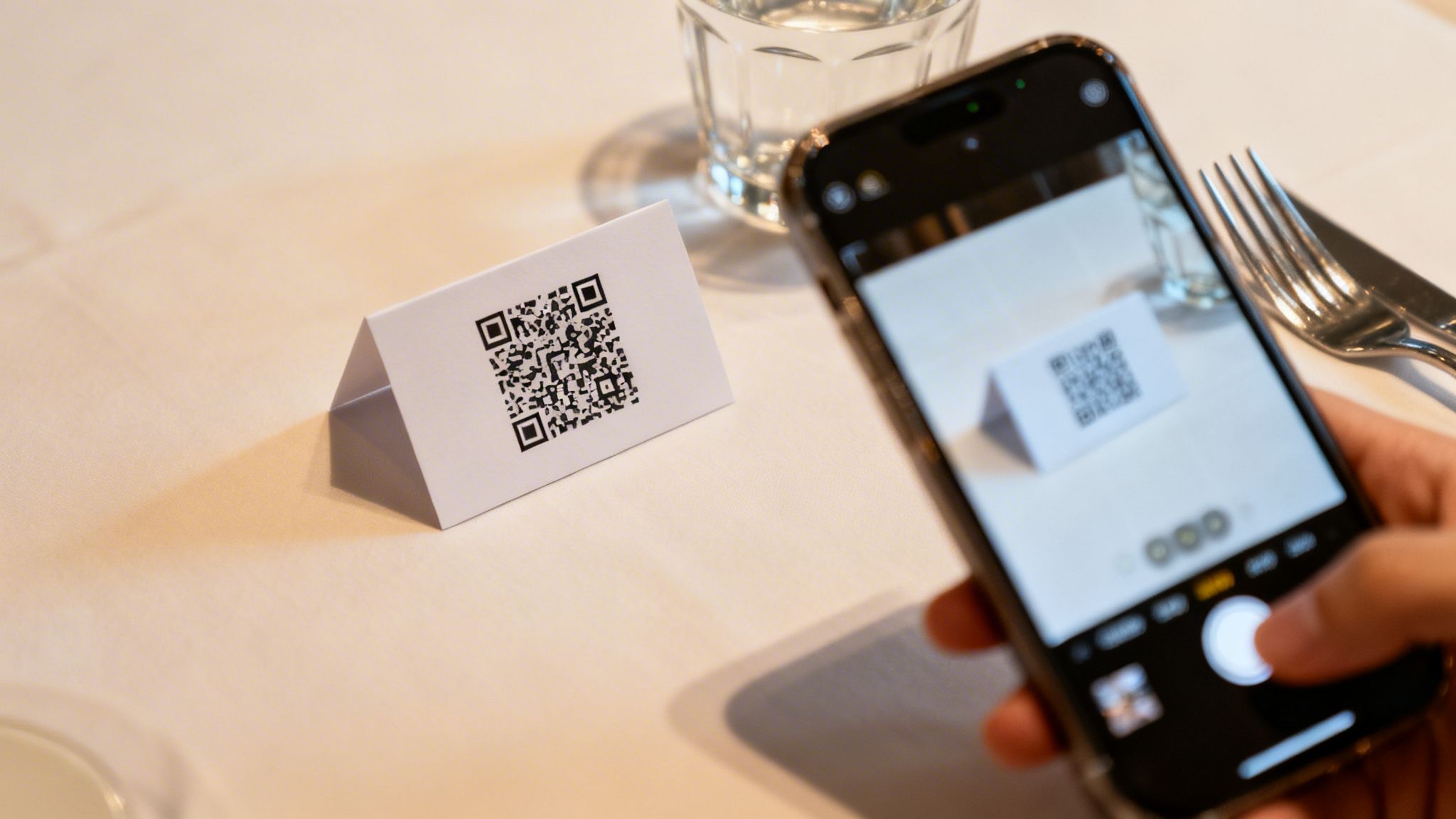 A hand holds a smartphone, scanning a QR code on a table tent card in a restaurant setting.