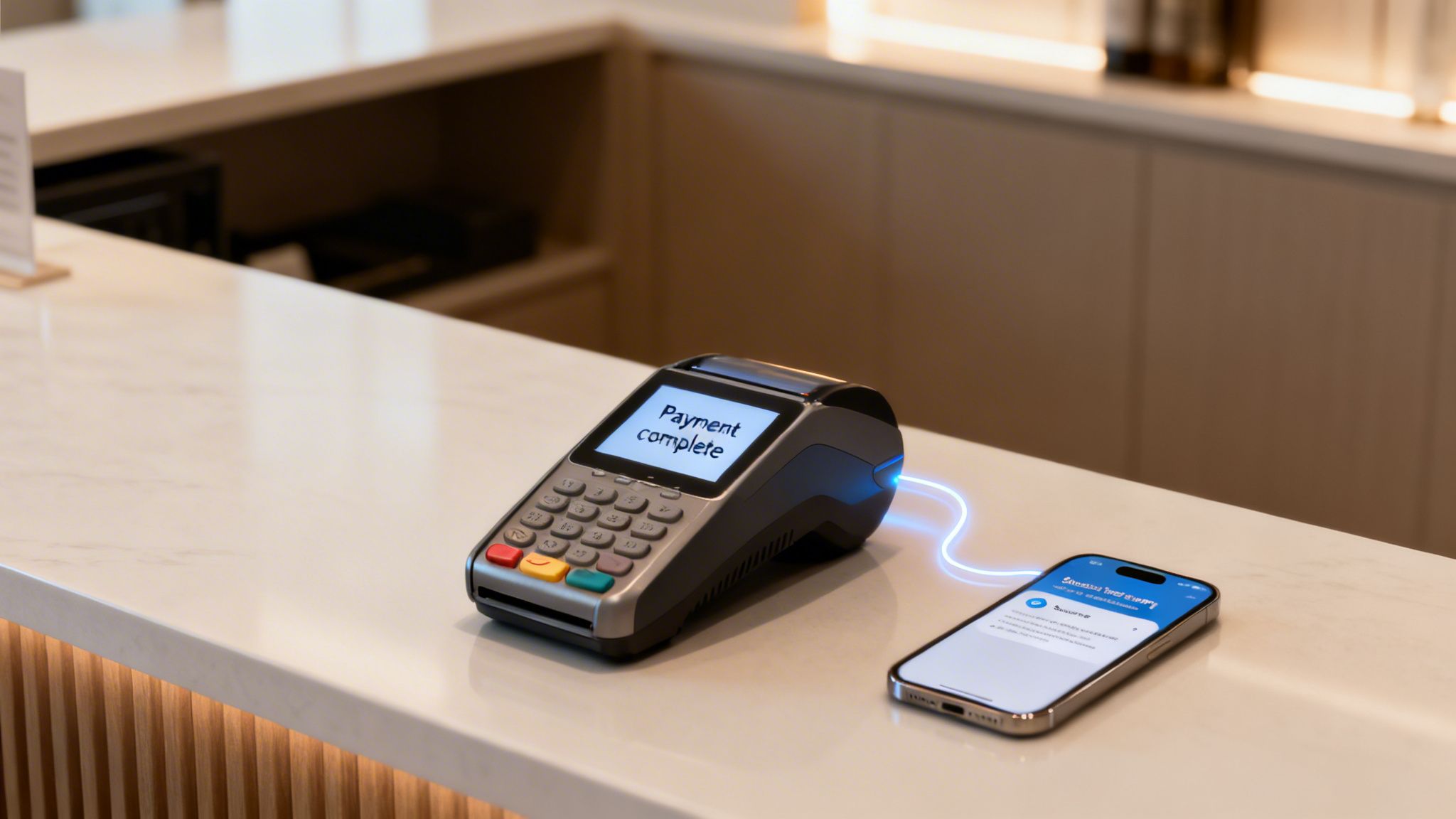 A payment terminal displaying 'Payment complete' connected to a smartphone showing transaction details.