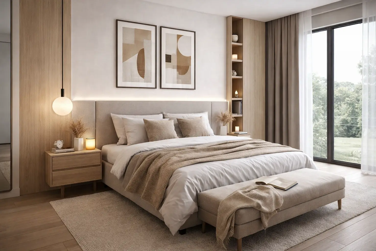 Σύγχρονο υπνοδωμάτιο με φυσικά υλικά, ουδέτερα χρώματα και έμφαση στην άνεση και τη λειτουργικότητα από τη Design Chama