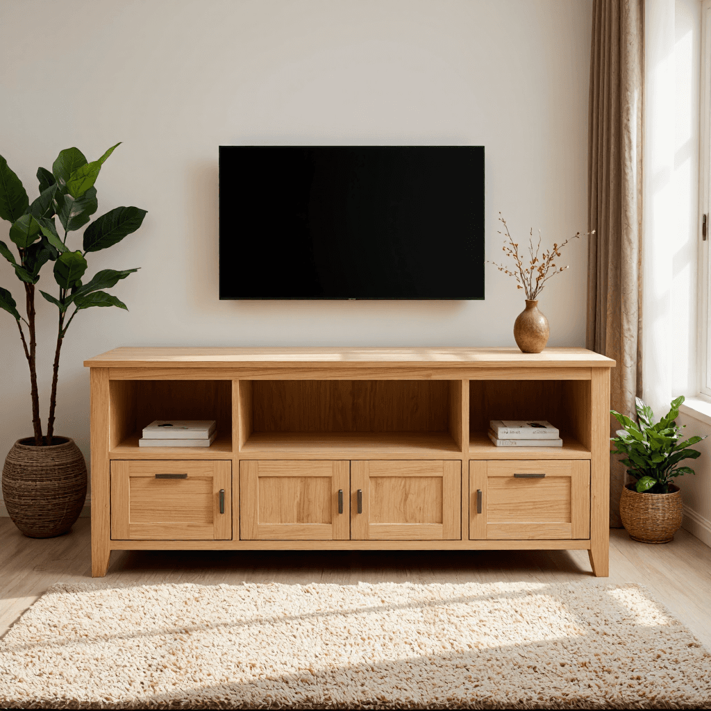 product photography of a wooden TV stand with storage compartments
