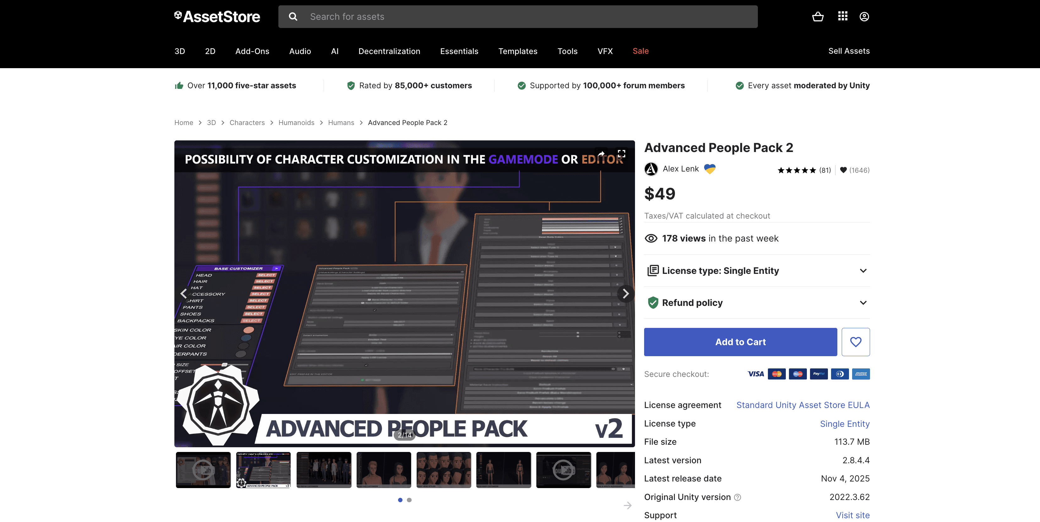 Unity Asset Store page for Advanced People Pack 2, a modular character customization package for Unity projects.