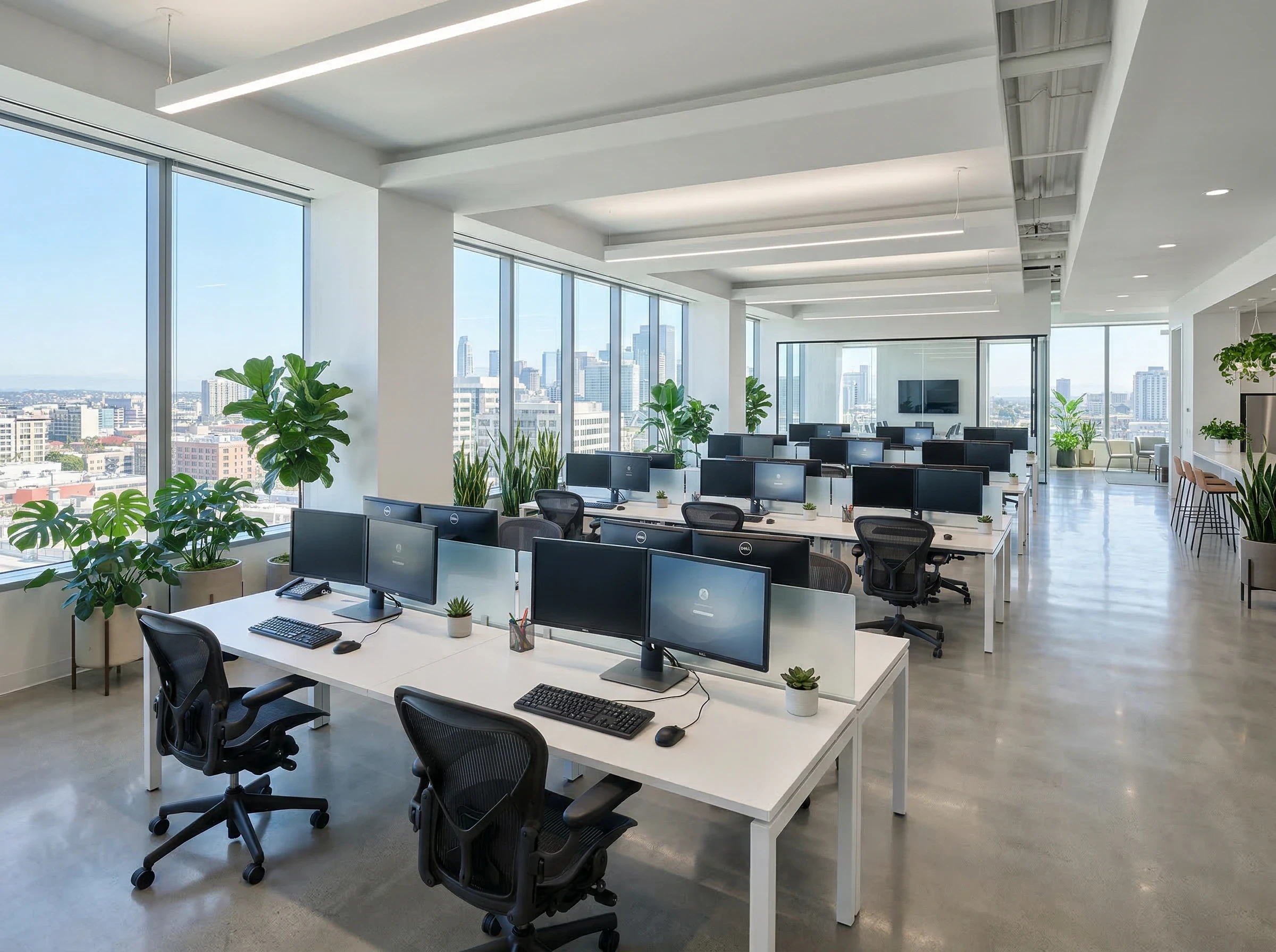 Modern office space with multiple desks, computers, and large windows.