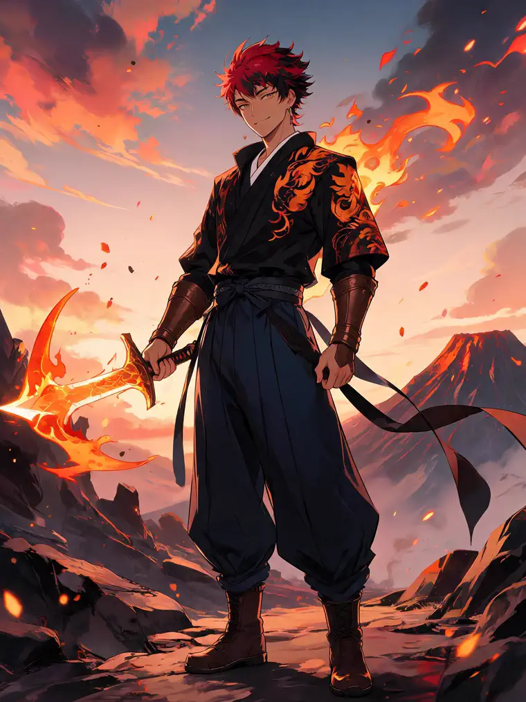 anime fire warrior character generator with red hair, flame weapon, and volcanic background